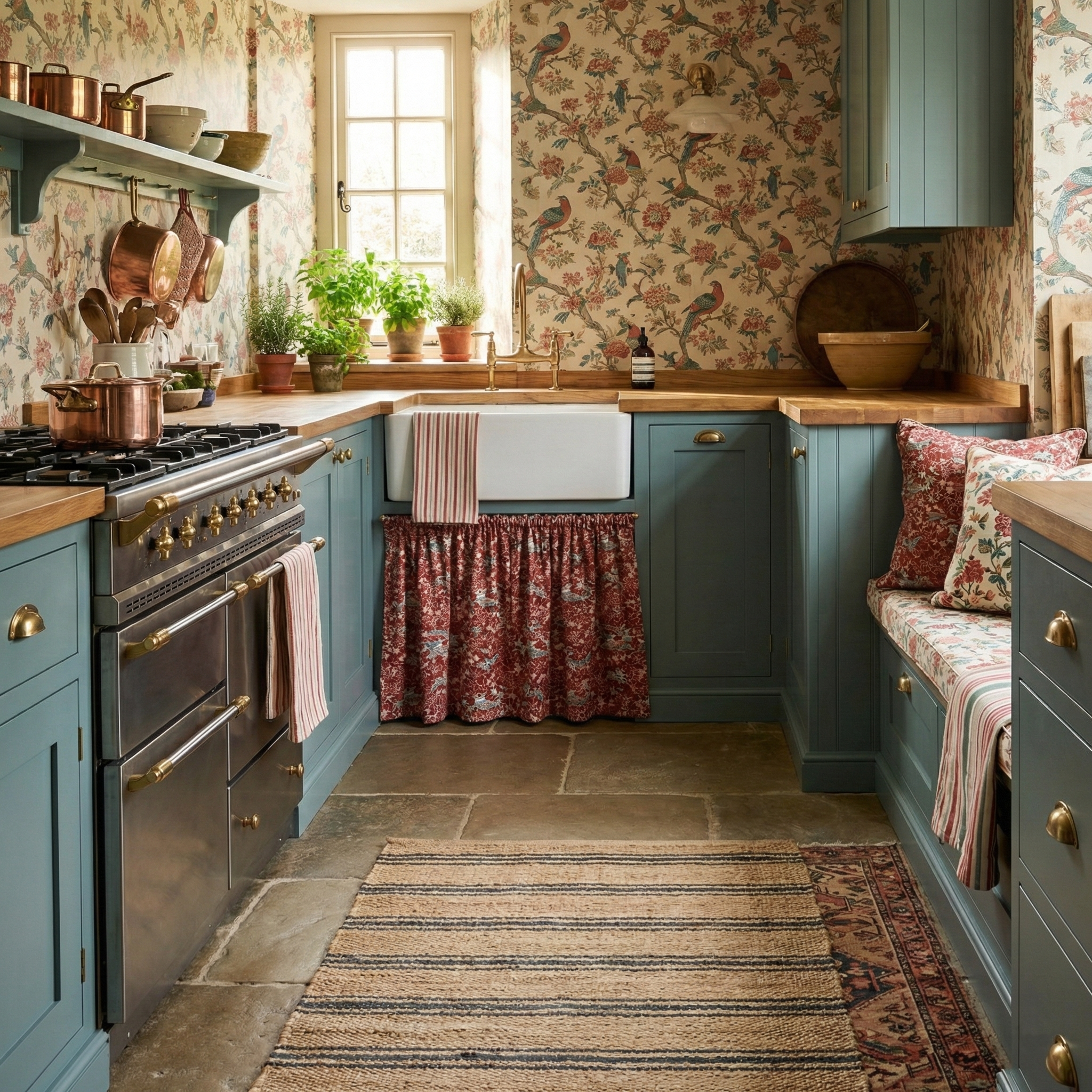 Custom drapery and cushions featuring Catti Litke Akasarasa Ume Edo Period bird print for high-end interior design projects.