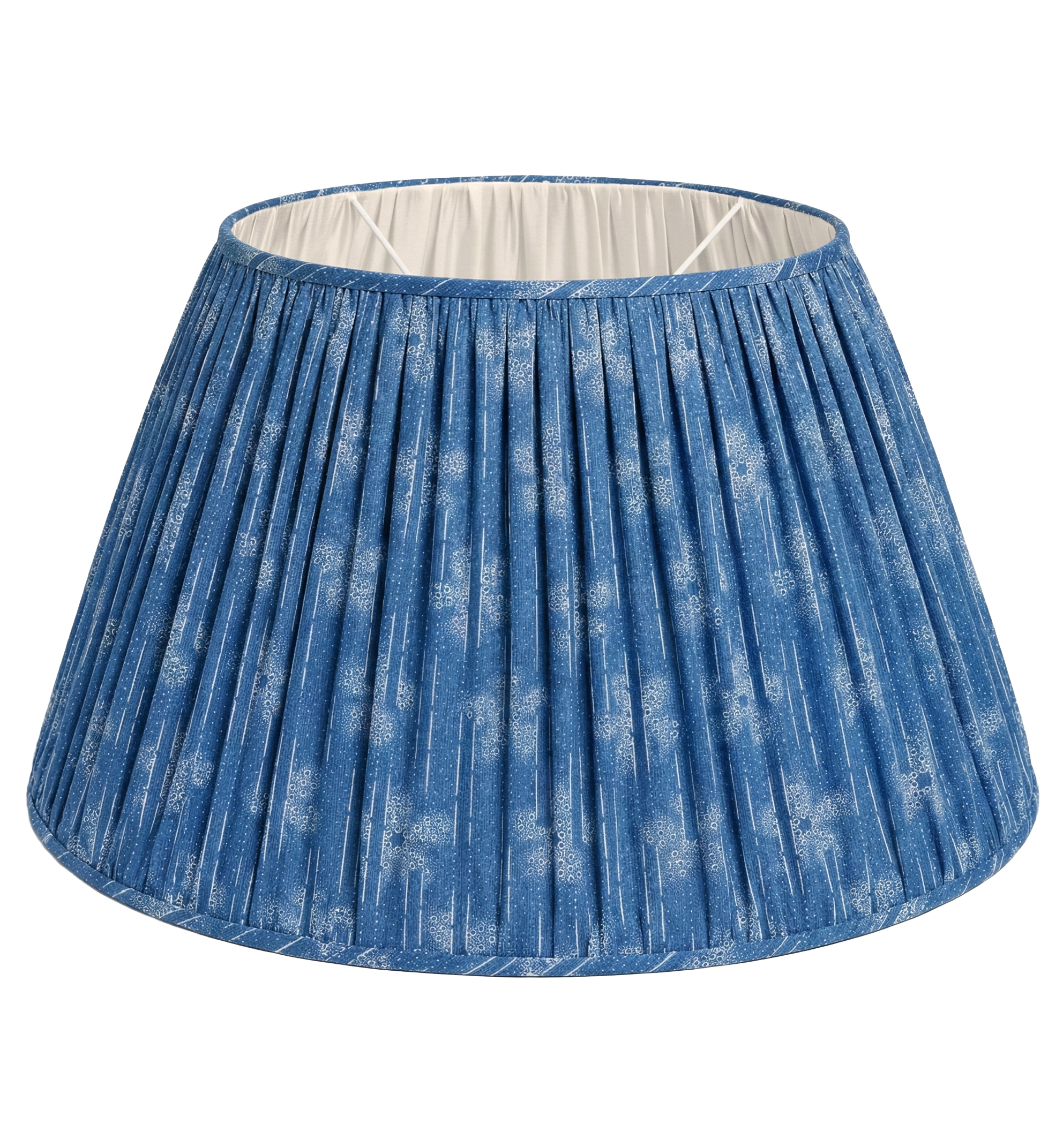 Catti Litke bespoke fabric lampshade in Cora Dusk archival print; a modernist folk motif on 100% natural linen, printed in the USA.