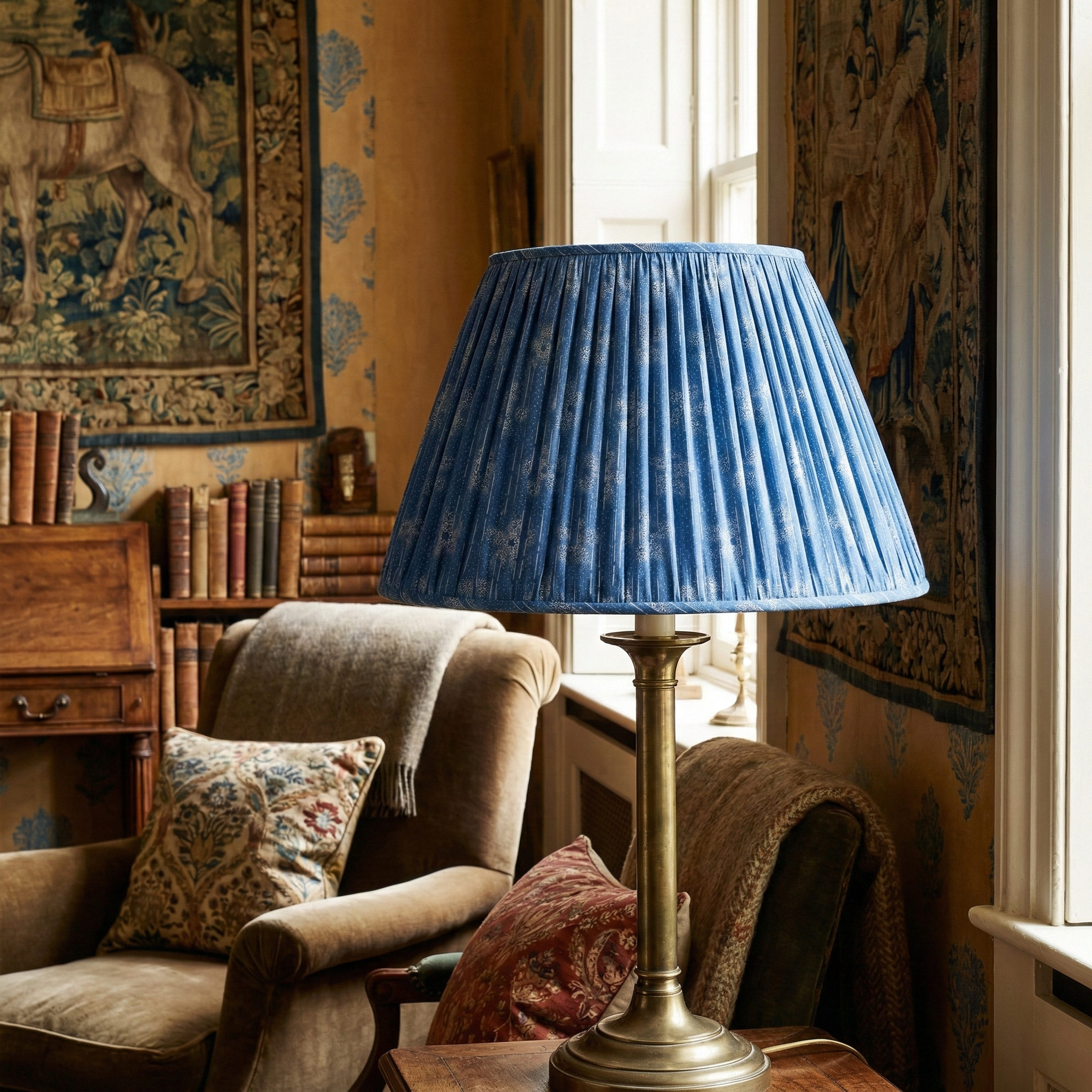 Bespoke lampshade in Cora Dusk modernist folk fabric; a "hero" decorative anchor designed to ground a highly personal interior design scheme.