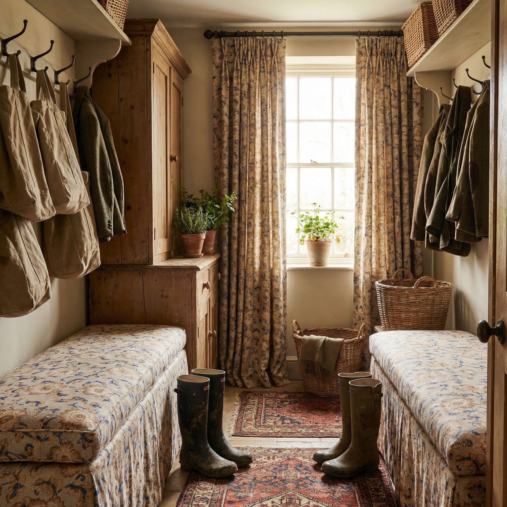 Custom drapery and upholstery in Catti Litke Sakai Chintz Ochre historical floral print for high-end interior design.