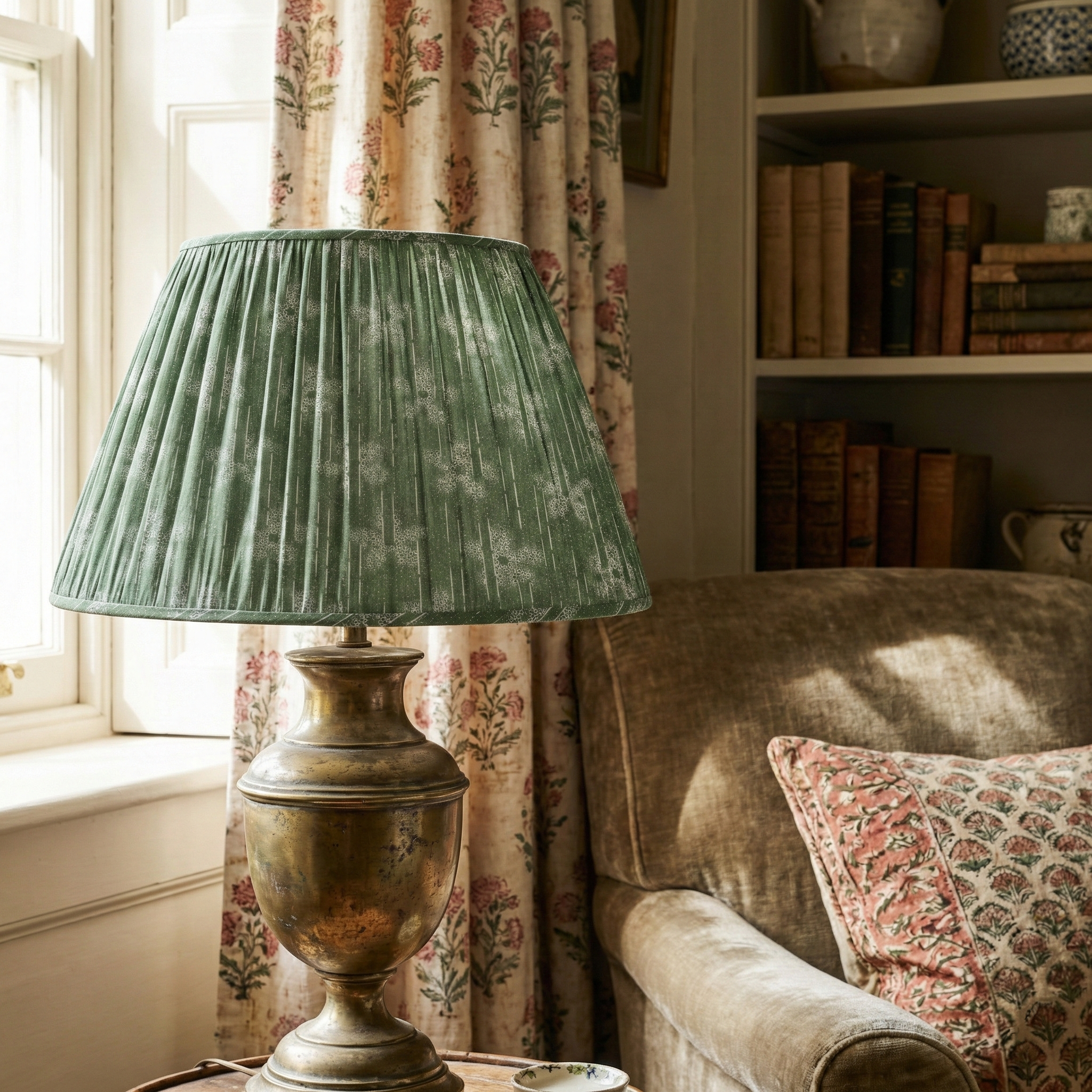 Bespoke Cora Dillweed fabric lampshade in a fresh traditional residential interior, showcasing the modernist folk pattern and layered room design favored by high-end decorators.
