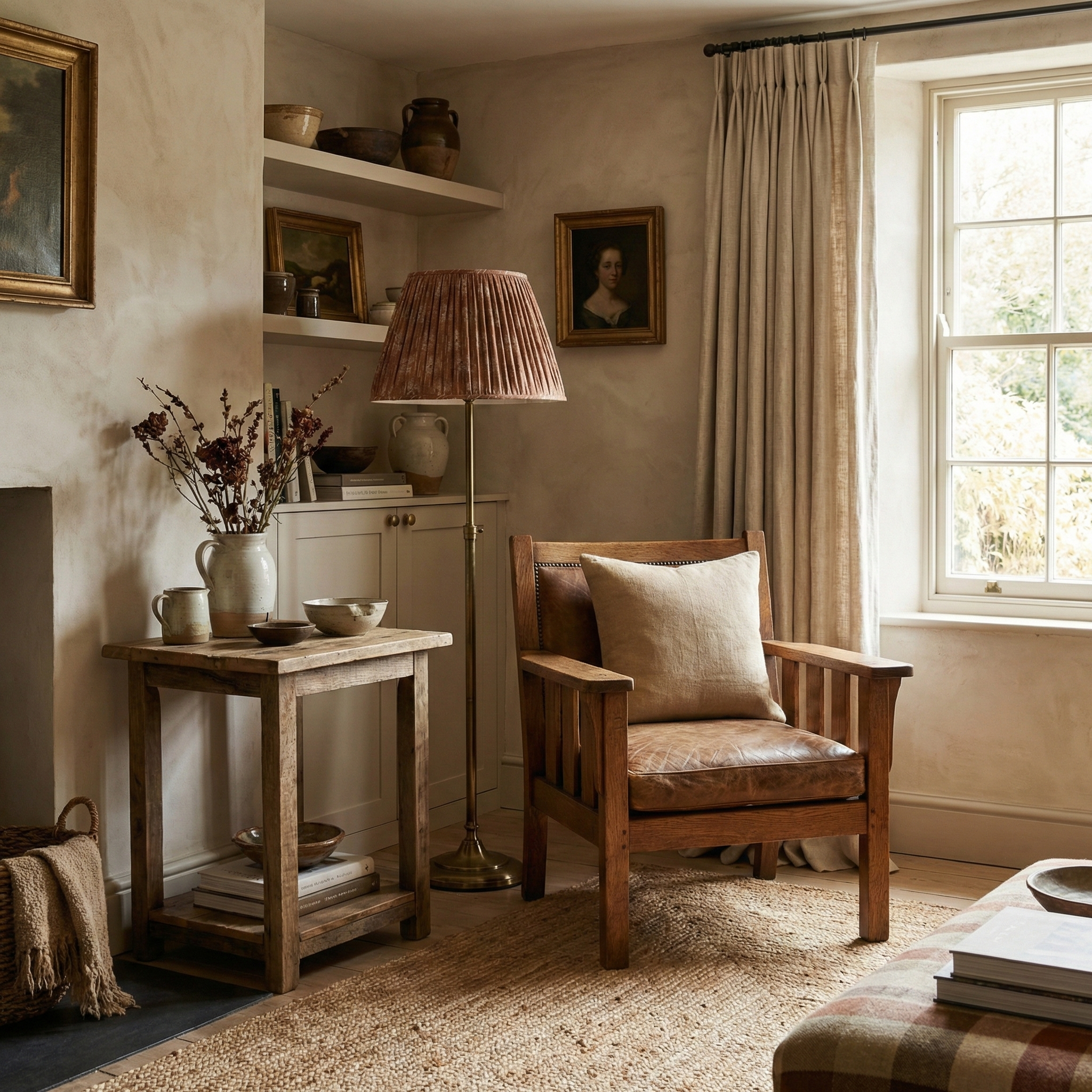 Custom lampshade in Cora Marmelo; a "hero" decorative anchor in warm orange linen, designed to ground a layered and highly personal interior design scheme.