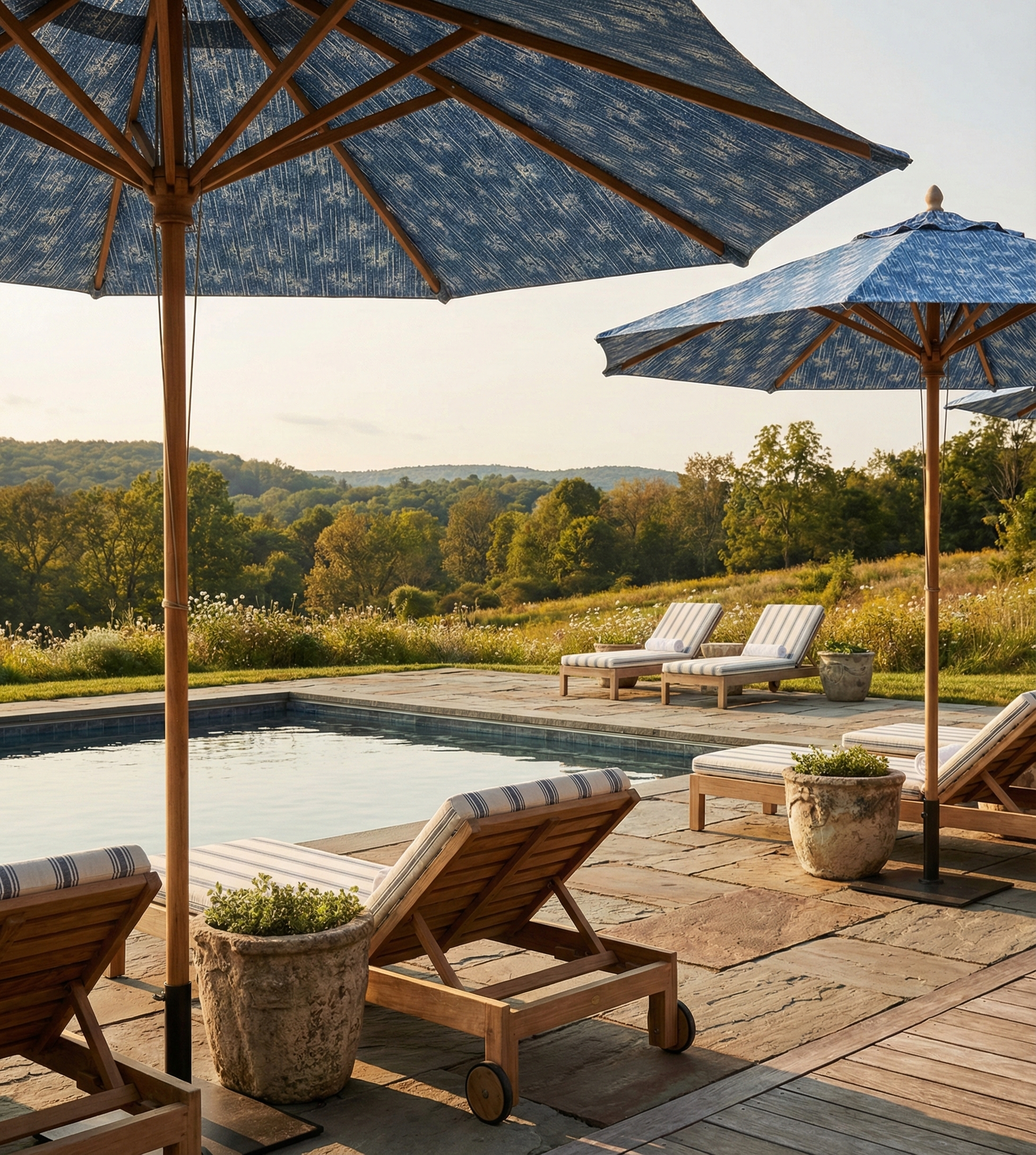 Bespoke outdoor umbrellas in Catti Litke Cora Dusk archival print fabric, printed in the USA for professional trade projects.