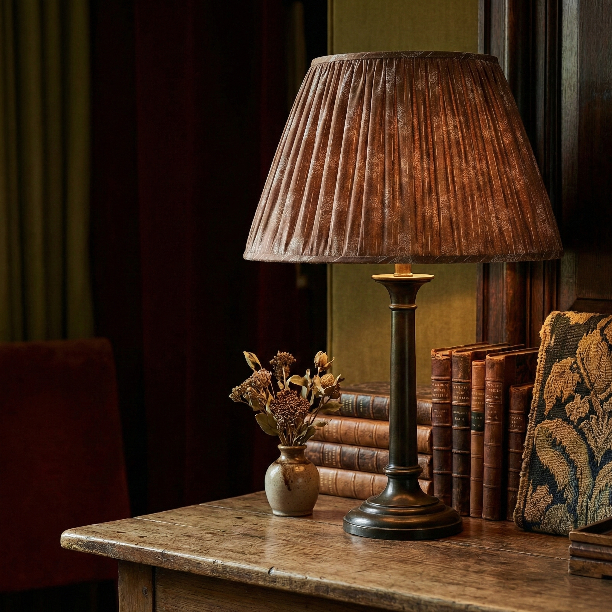 Close-up of Cora Marmelo hand-printed linen lampshade, showing artisanal texture and archival American folk motifs for professional interior design trade specification.