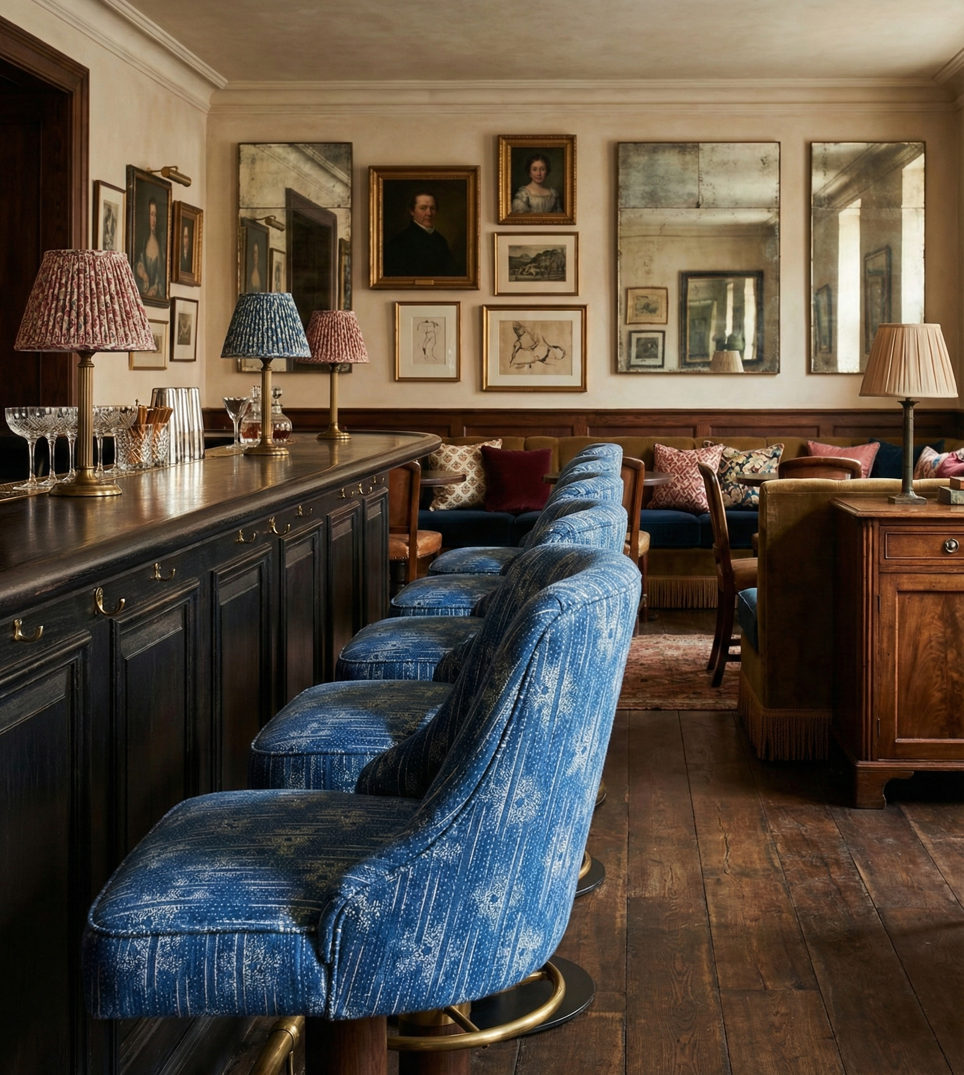High-end chair upholstery in Catti Litke Cora Dusk linen fabric within a luxury hotel bar interior design project.