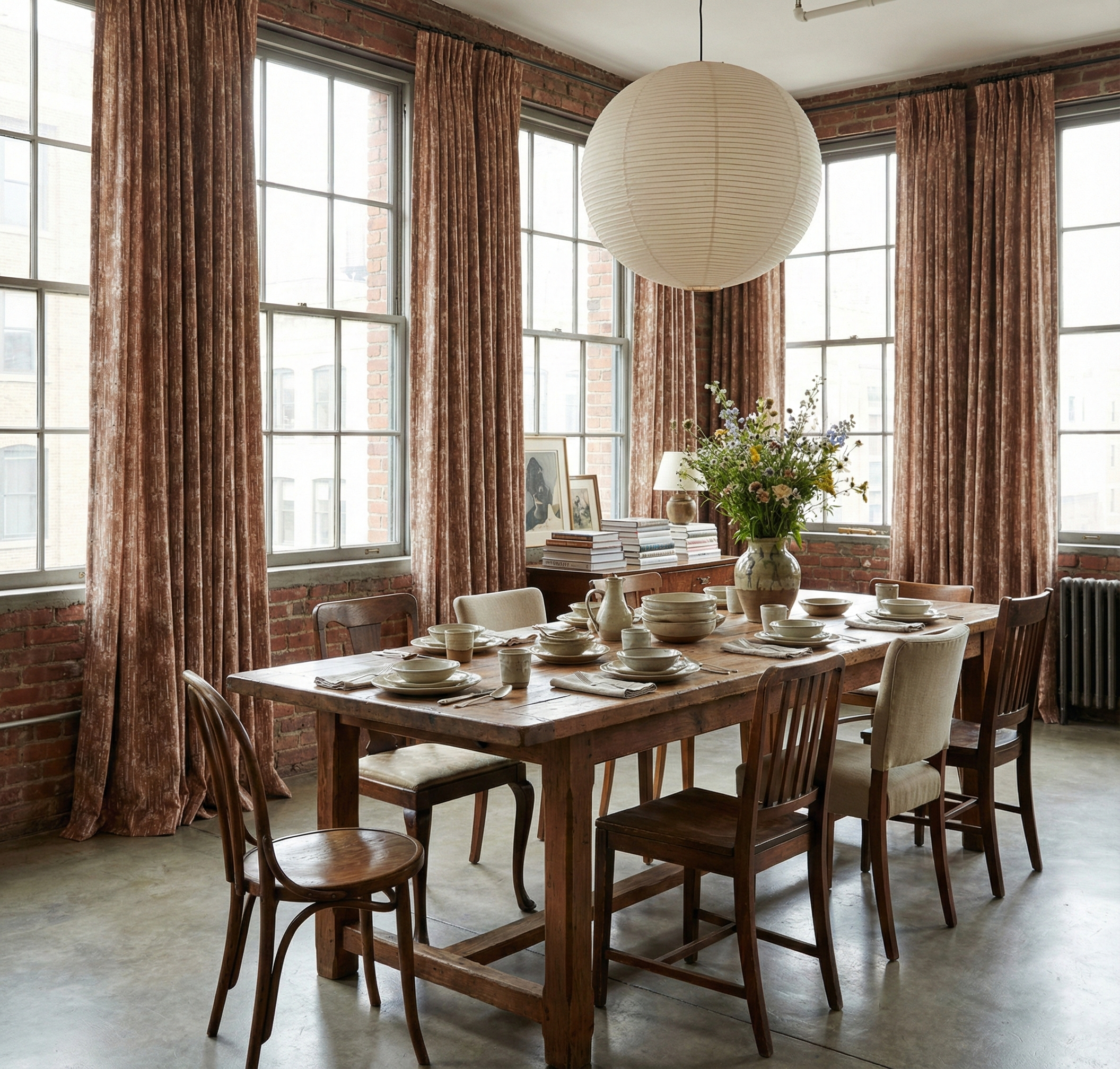 Modern dining room featuring custom drapery in Cora Marmelo linen fabric, blending American folk motifs with a transportive, layered aesthetic.