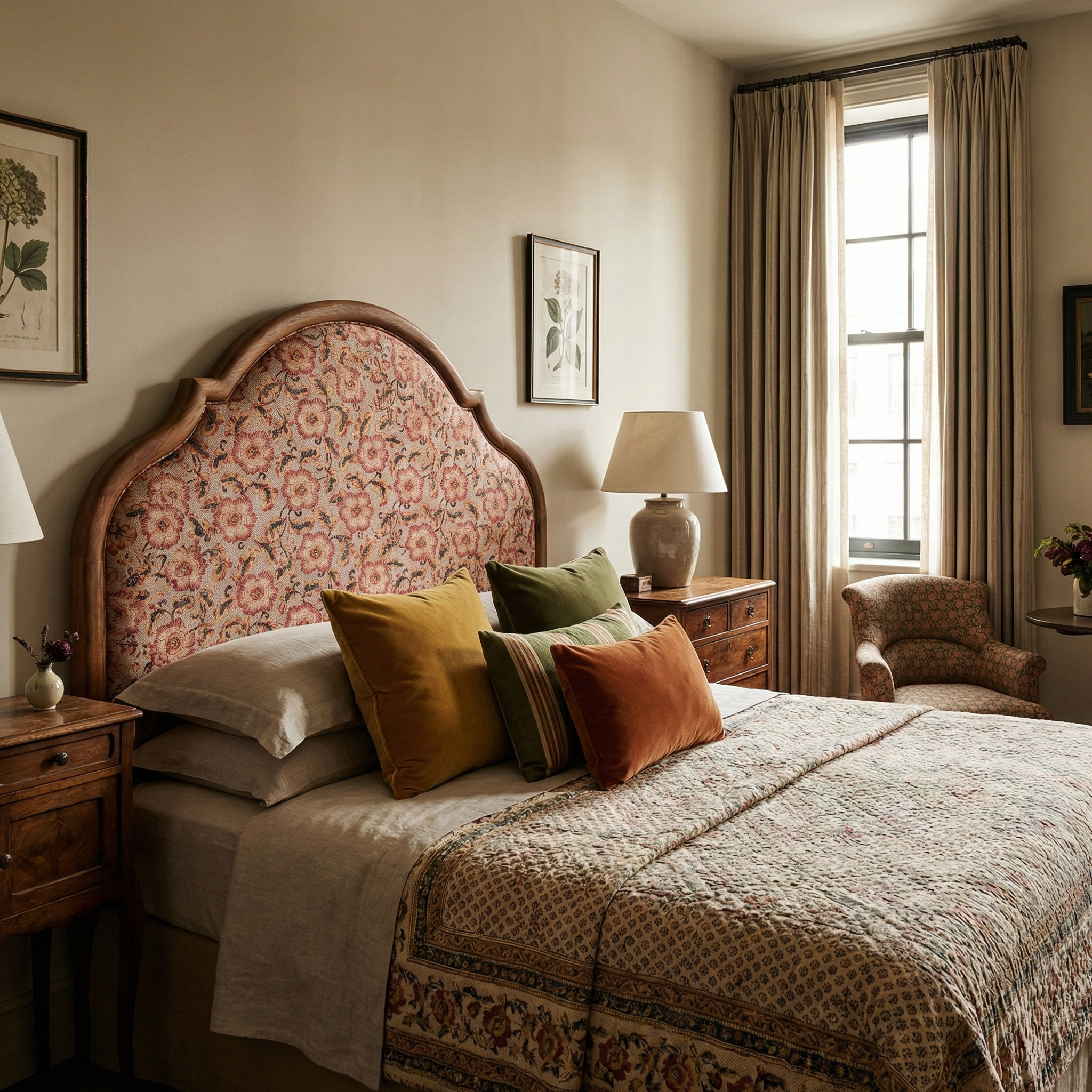 Catti Litke Textiles Sakai Chintz Ume archival print fabric styled with antiques in a classical interior design project.