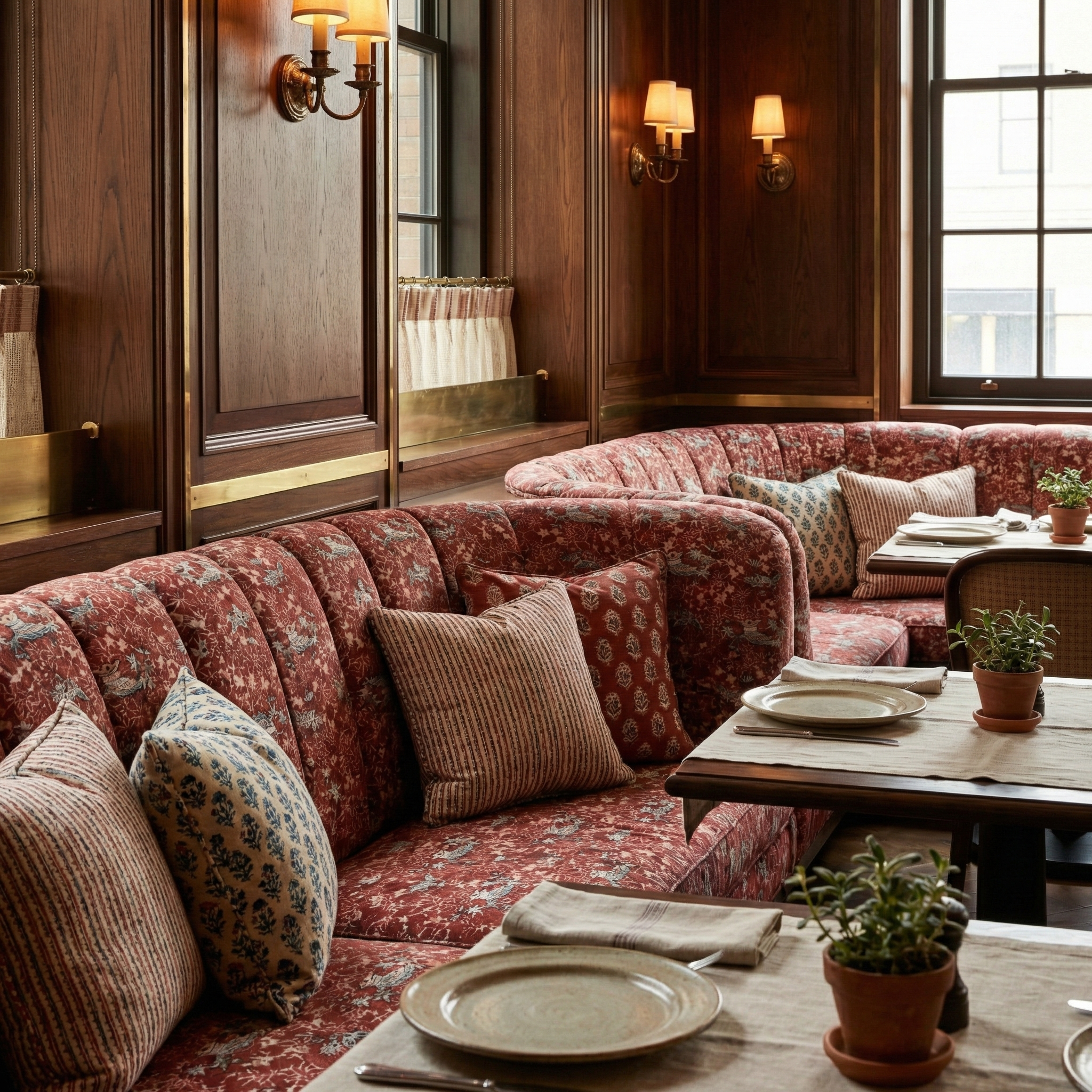 Bespoke banquette upholstery using Catti Litke Akasarasa Ume archival linen fabric in a hotel interior design project.