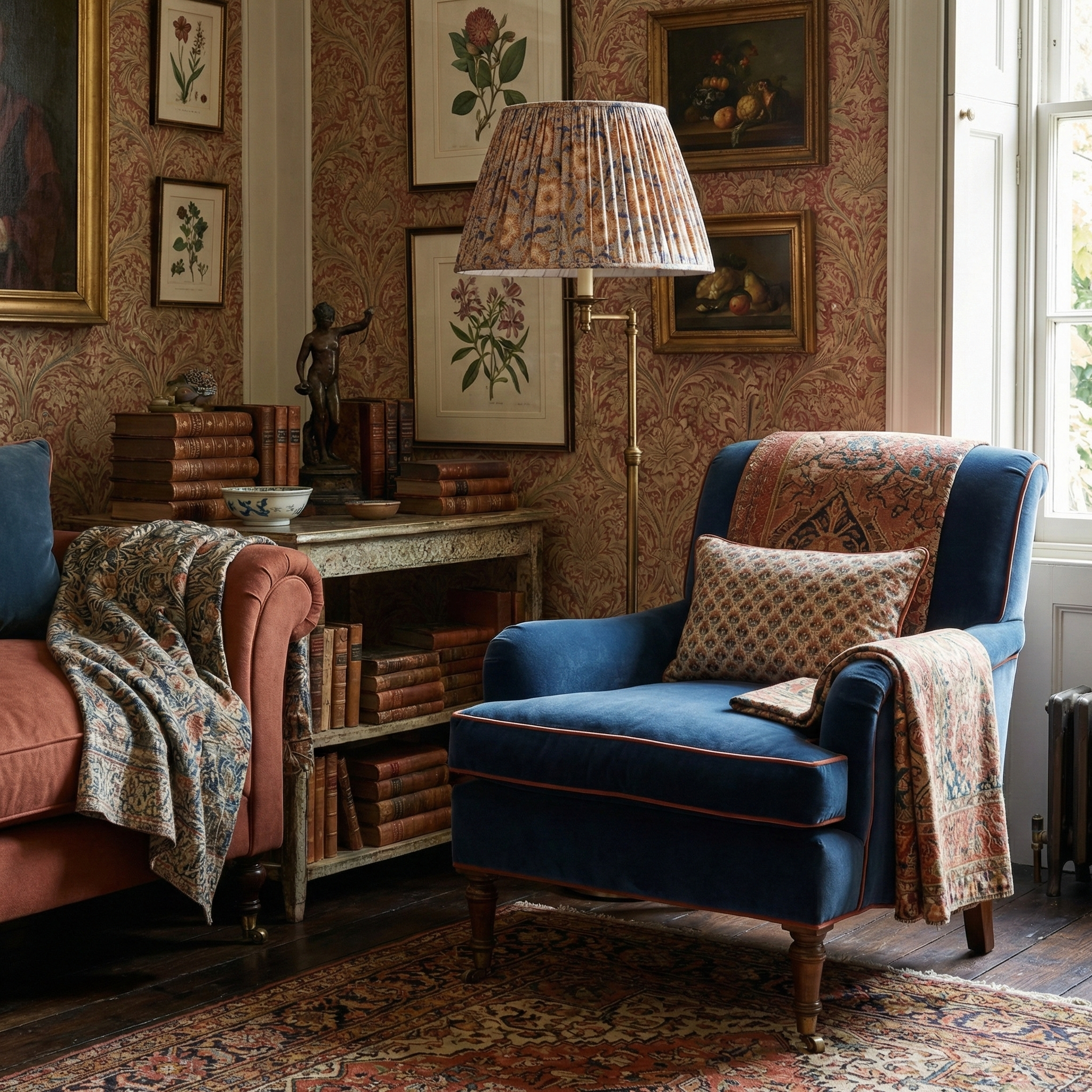 "Fresh traditional" bedroom interior featuring a Catti Litke Sakai Chintz Ochre lampshade, adding a poetic historical layer and quiet charm to a bespoke room.