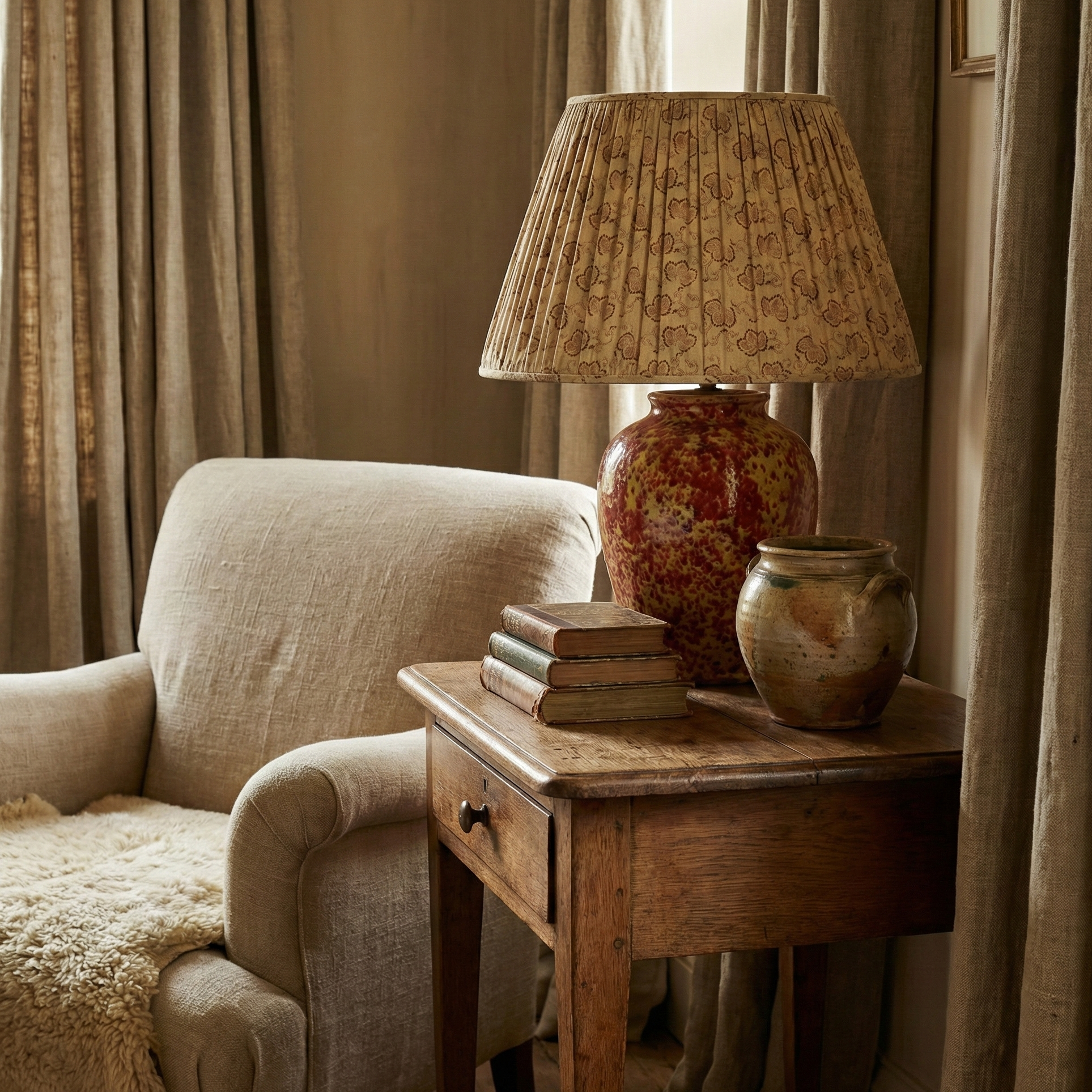 "Fresh traditional" living room featuring a Catti Litke Kiri Hay lampshade, adding a poetic historical layer and quiet charm to a bespoke residential project.