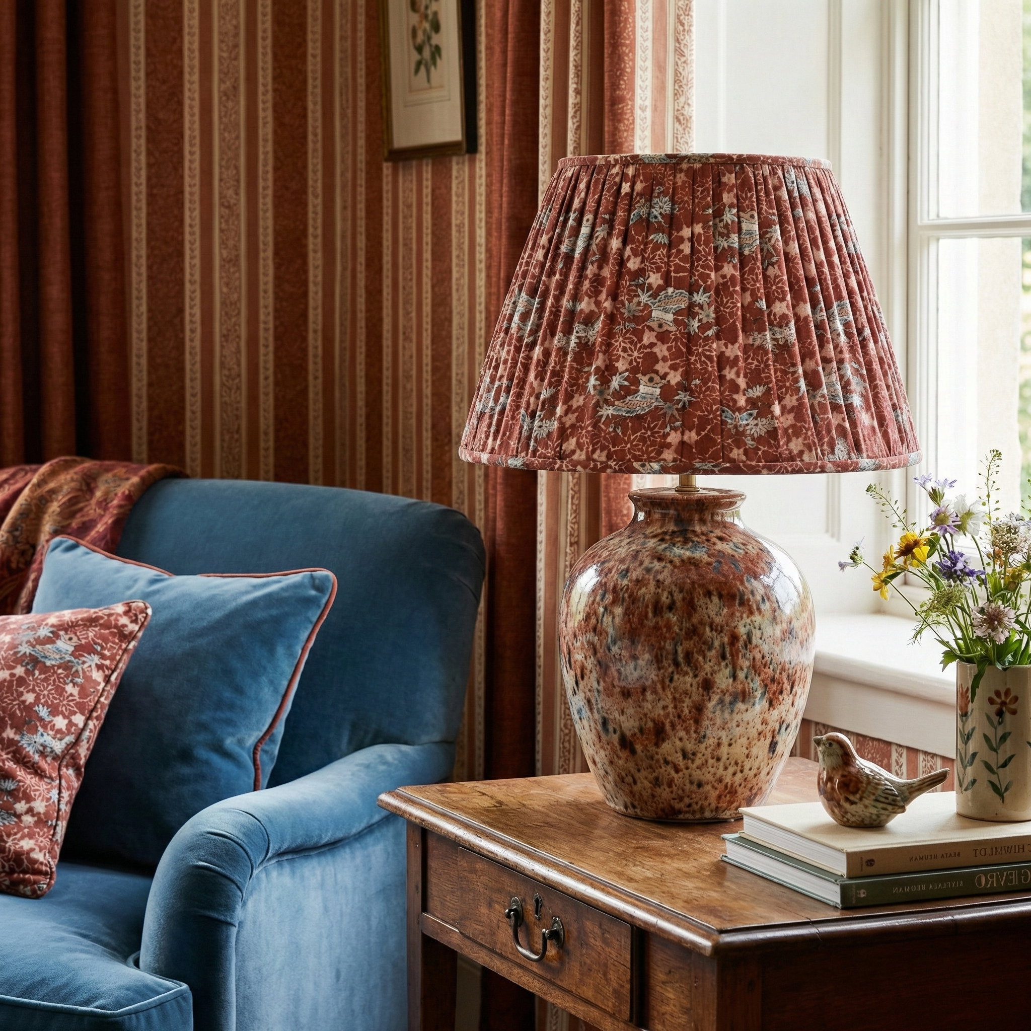 Bespoke Akasarasa Ume fabric lampshade styled on an antique lamp base in a curated residential living room, highlighting the archival Japanese bird motif.