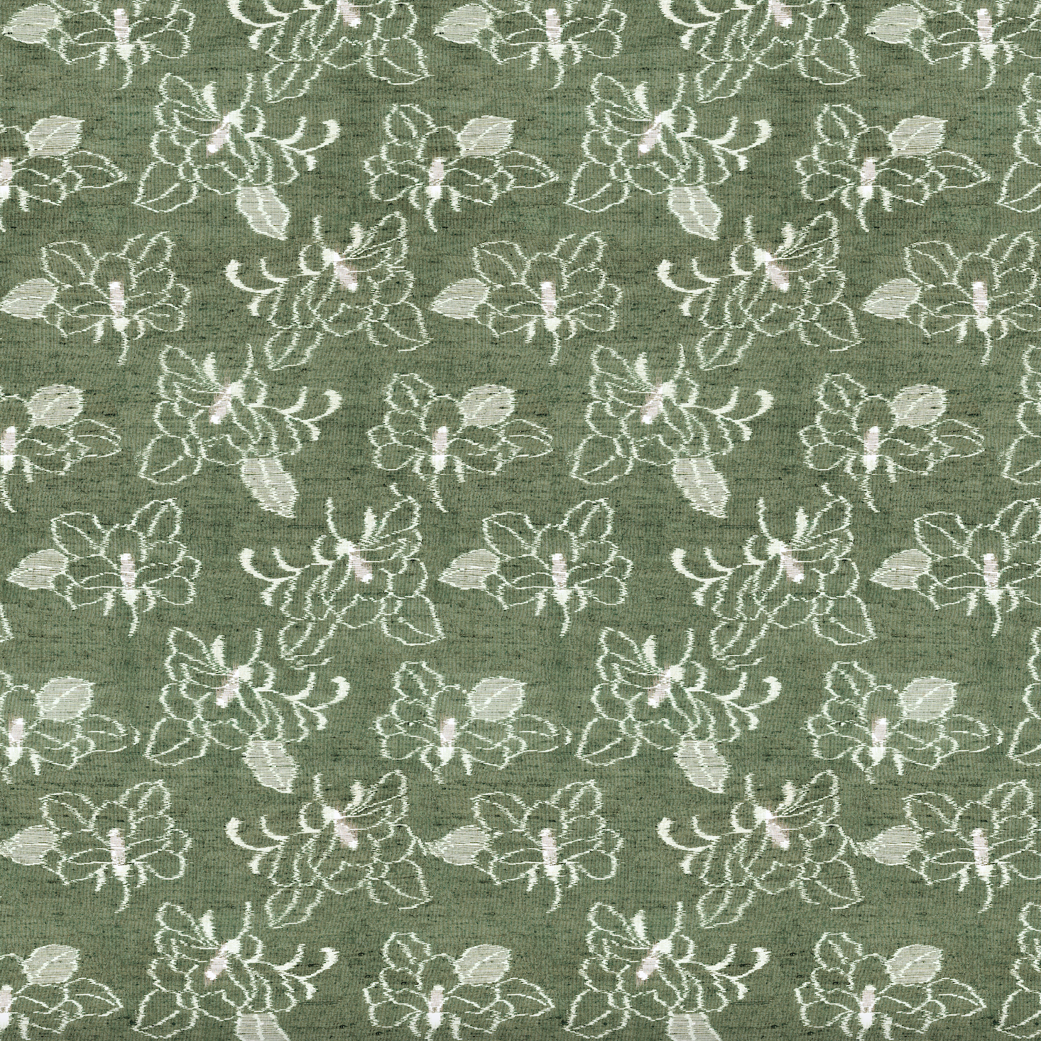 Hanagasumi Fennel fabric; a delicate small-scale floral scatter pattern of falling cherry blossom petals based on an antique silk kimono fragment. Printed on European linen in the USA.