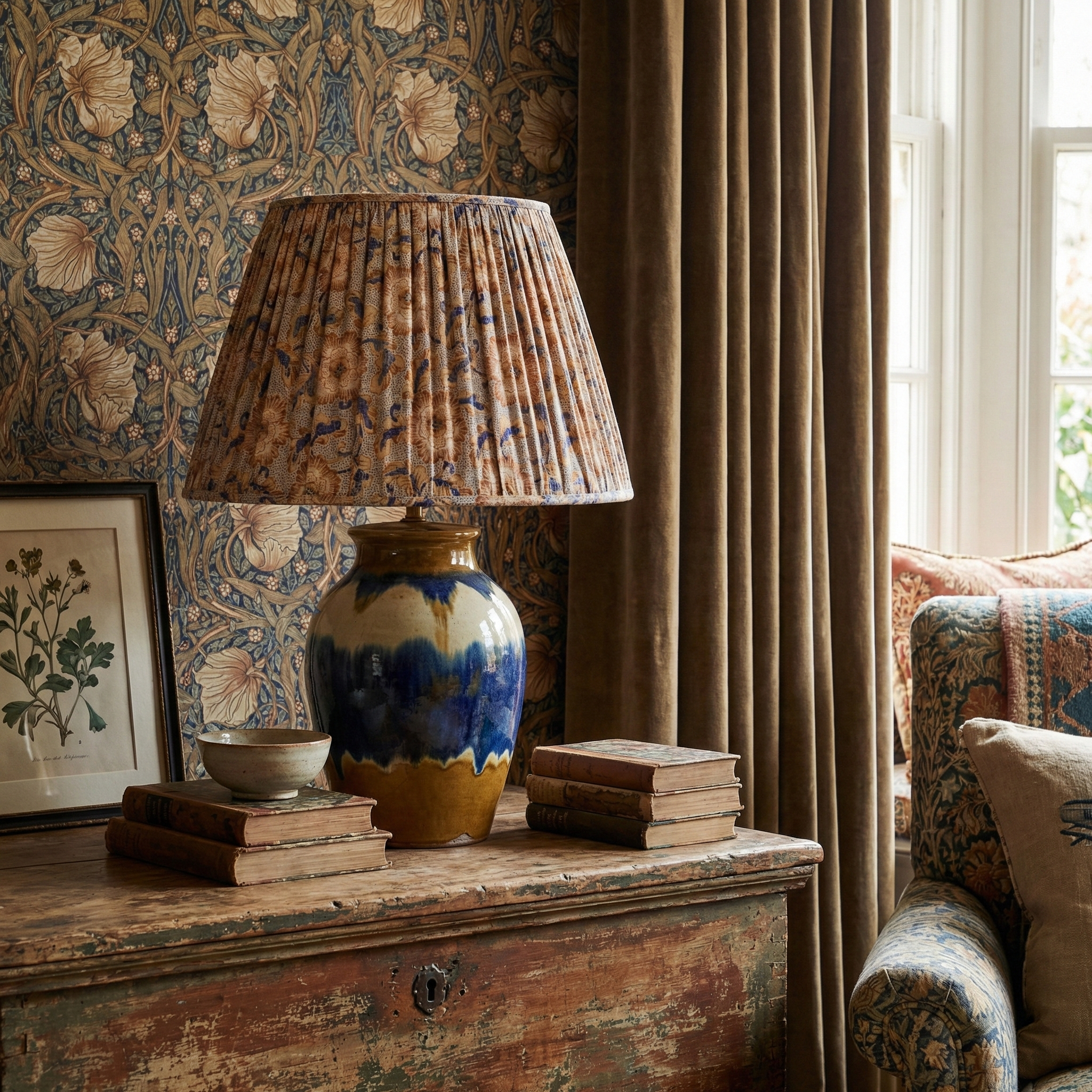 Sakai Chintz Ochre hand-printed linen lampshade, showing handcrafted texture and artisanal color depth for professional interior design trade projects.