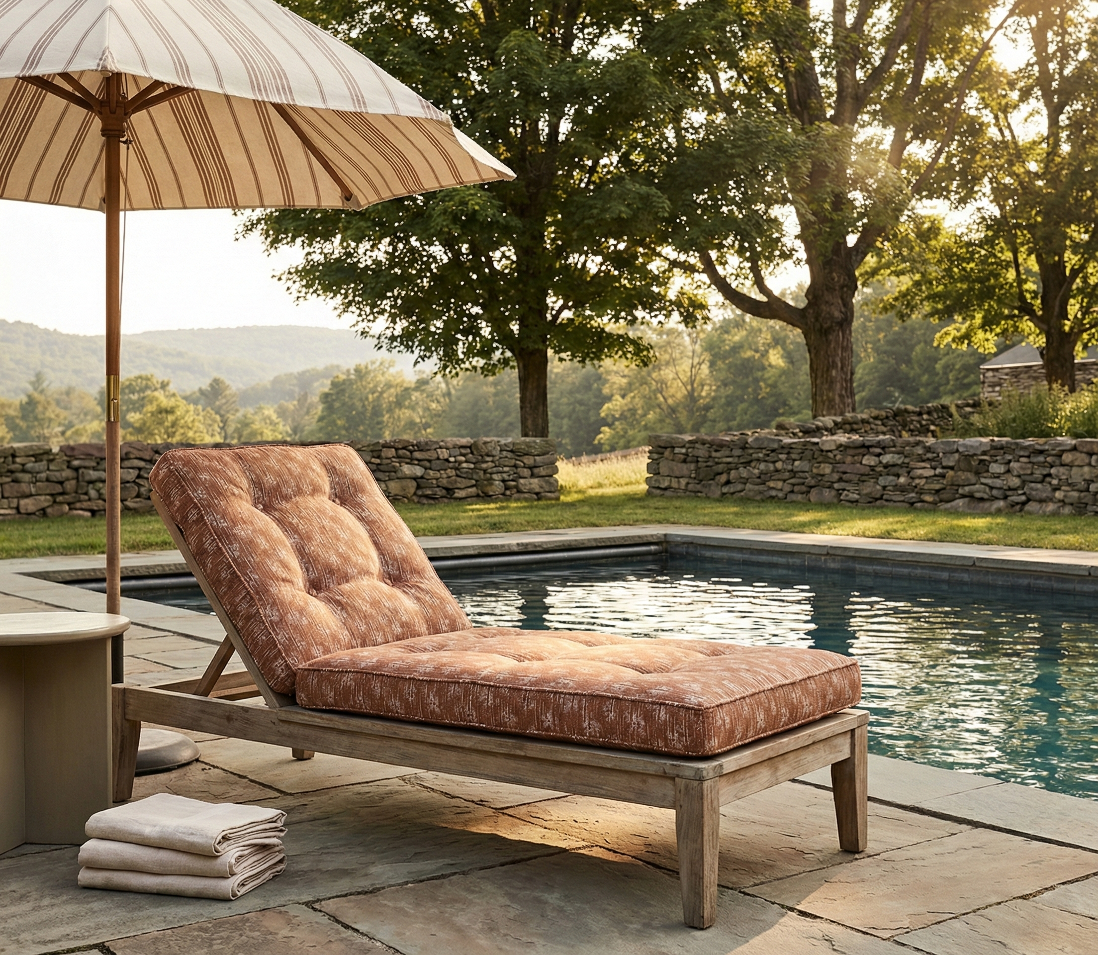 Bespoke outdoor furniture upholstery in Catti Litke Cora Marmelo archival print fabric, hand-printed in CT for professional trade projects.