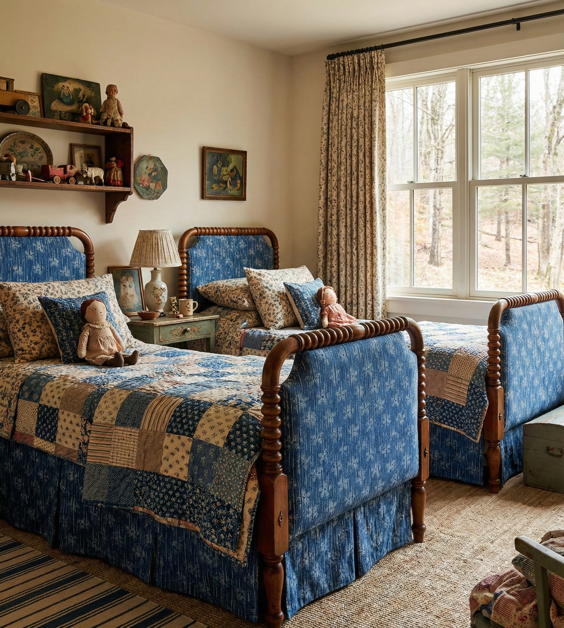 Romantic bedroom interior featuring Catti Litke Cora Dusk linen bed upholstery, blending quirky English style with archival textile motifs.