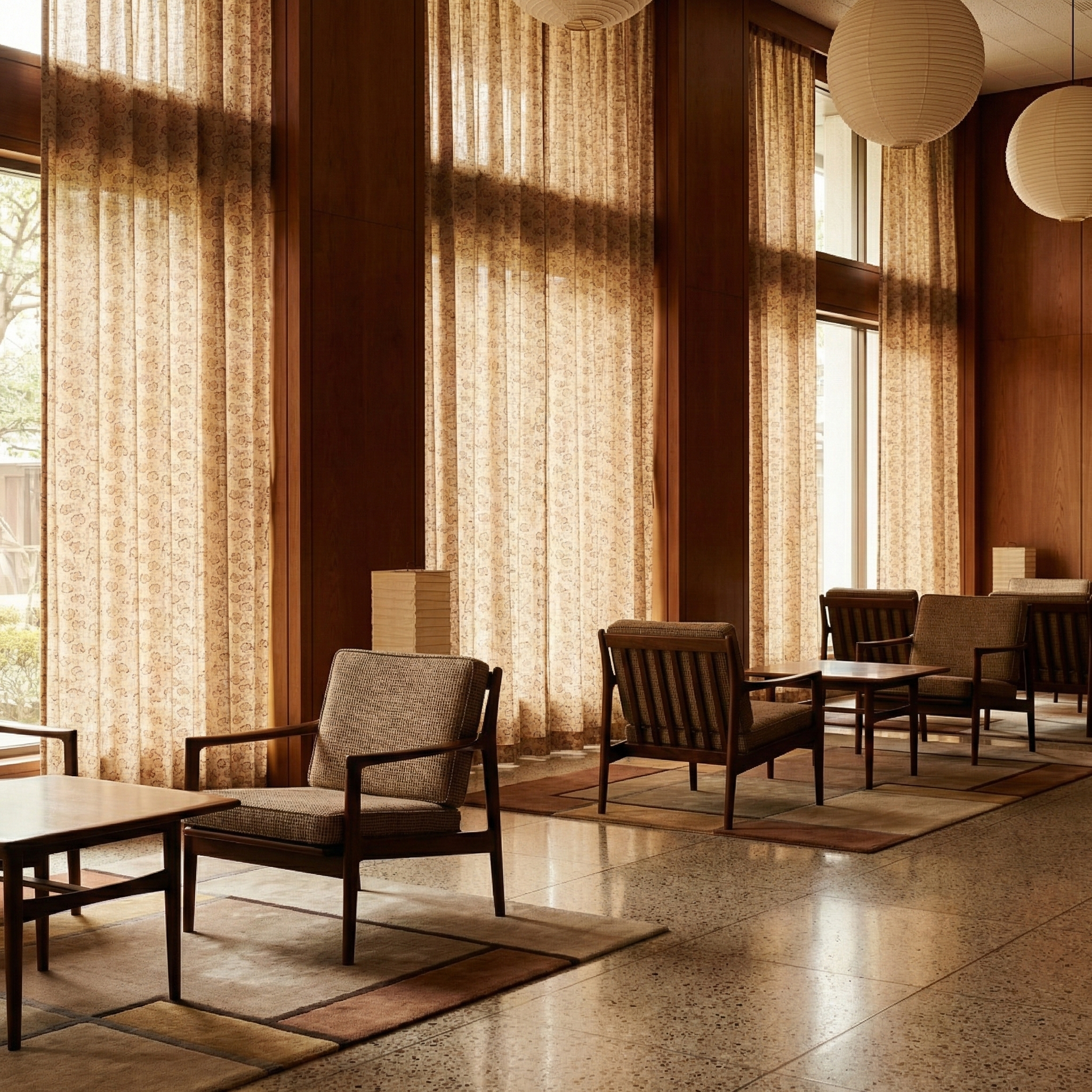 Luxury hotel interior featuring Catti Litke Kiri Hay archival arabesque fabric for custom drapery, adding a "fresh traditional" layer to a curated living room.