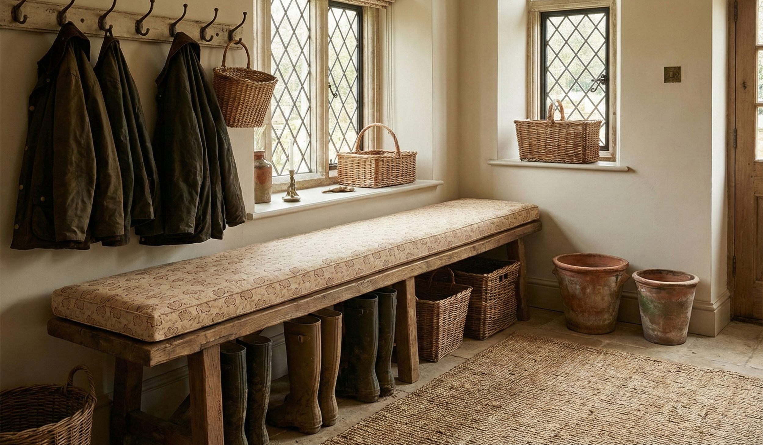 Bespoke bench upholstered in Kiri Hay small-scale leaf print; a "hero fabric" that anchors layered, collected rooms by high-end interior designers.