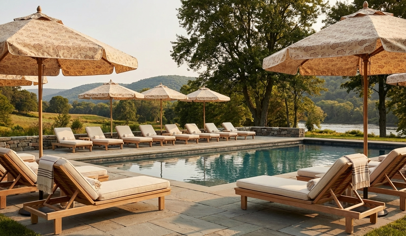 Bespoke pool umbrellas in Kiri Hay small-scale leaf print, designed for durability and handcrafted character in professional residential and trade projects.