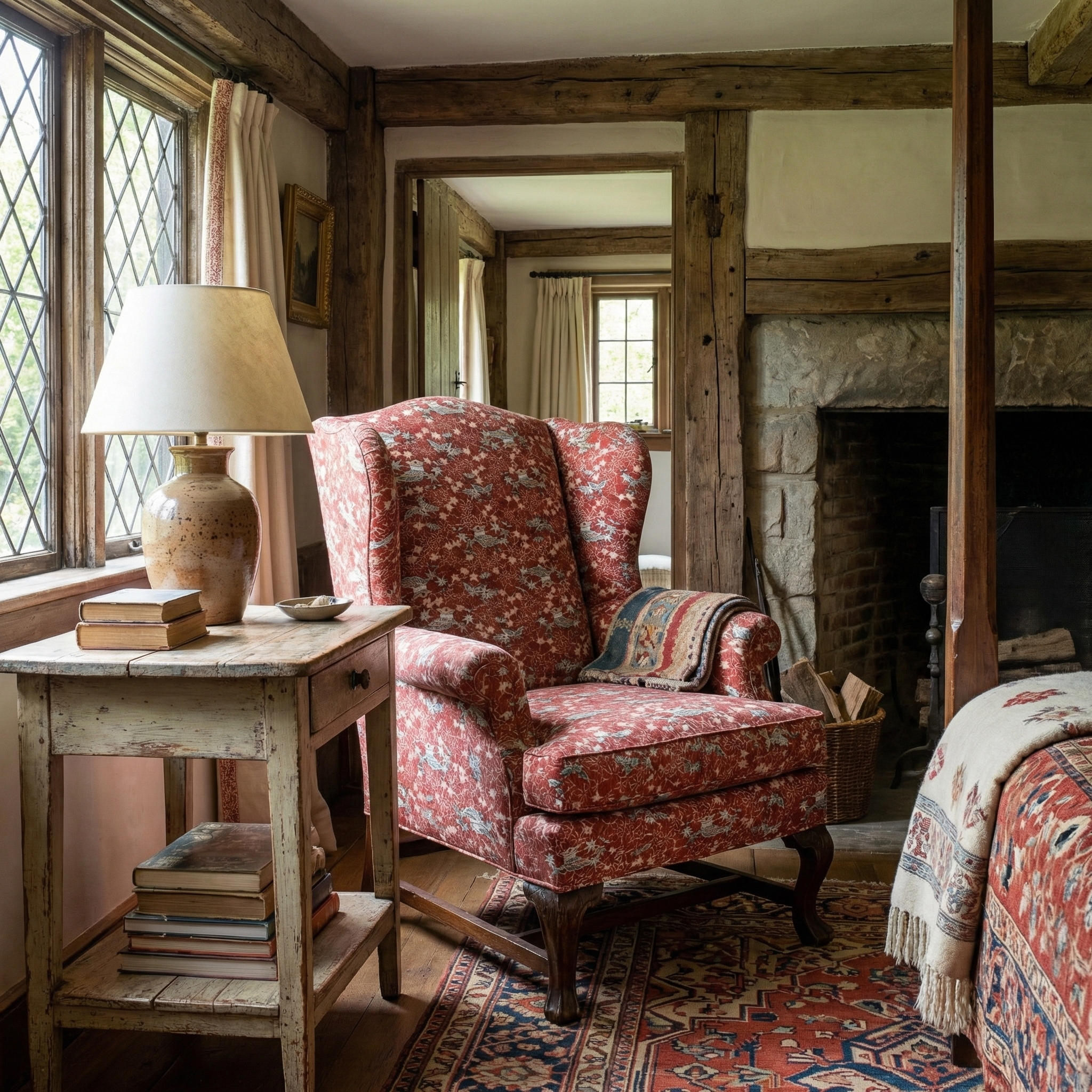 Bespoke chair upholstery using Akasarasa Ume archival linen fabric in a luxury residential interior design project..