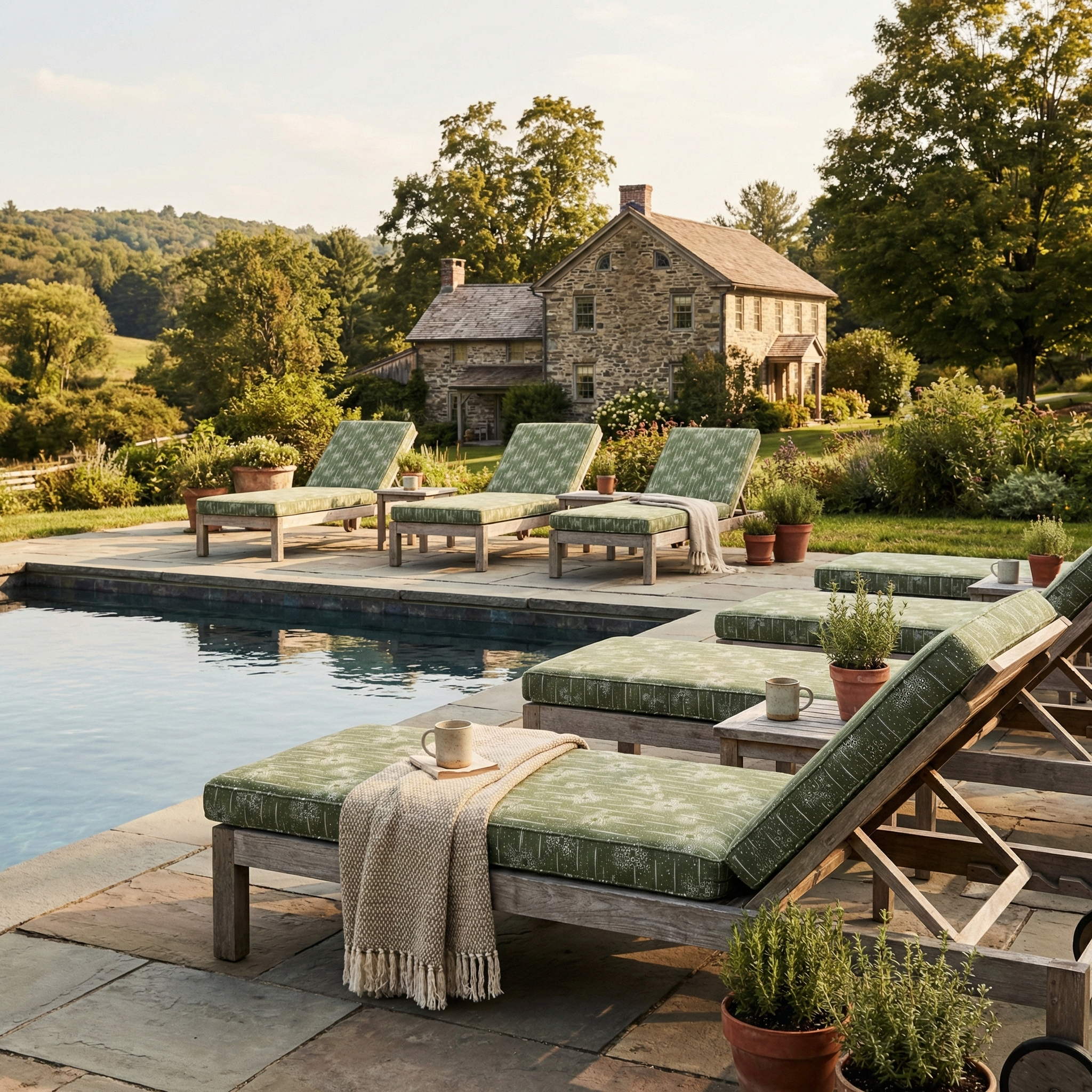 Bespoke outdoor furniture upholstery in Catti Litke Cora Dillweed archival print fabric, hand-printed in CT for professional trade projects.