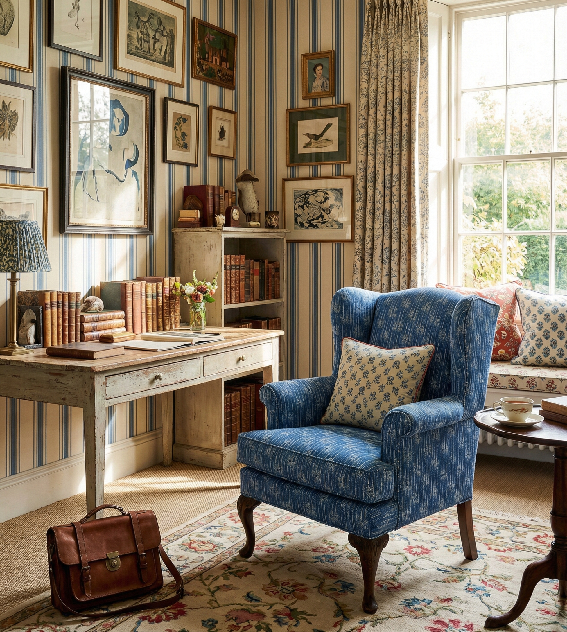 Antique chair upholstered in Catti Litke Cora Dusk archival fabric for an unexpected, poetic interior design moment.