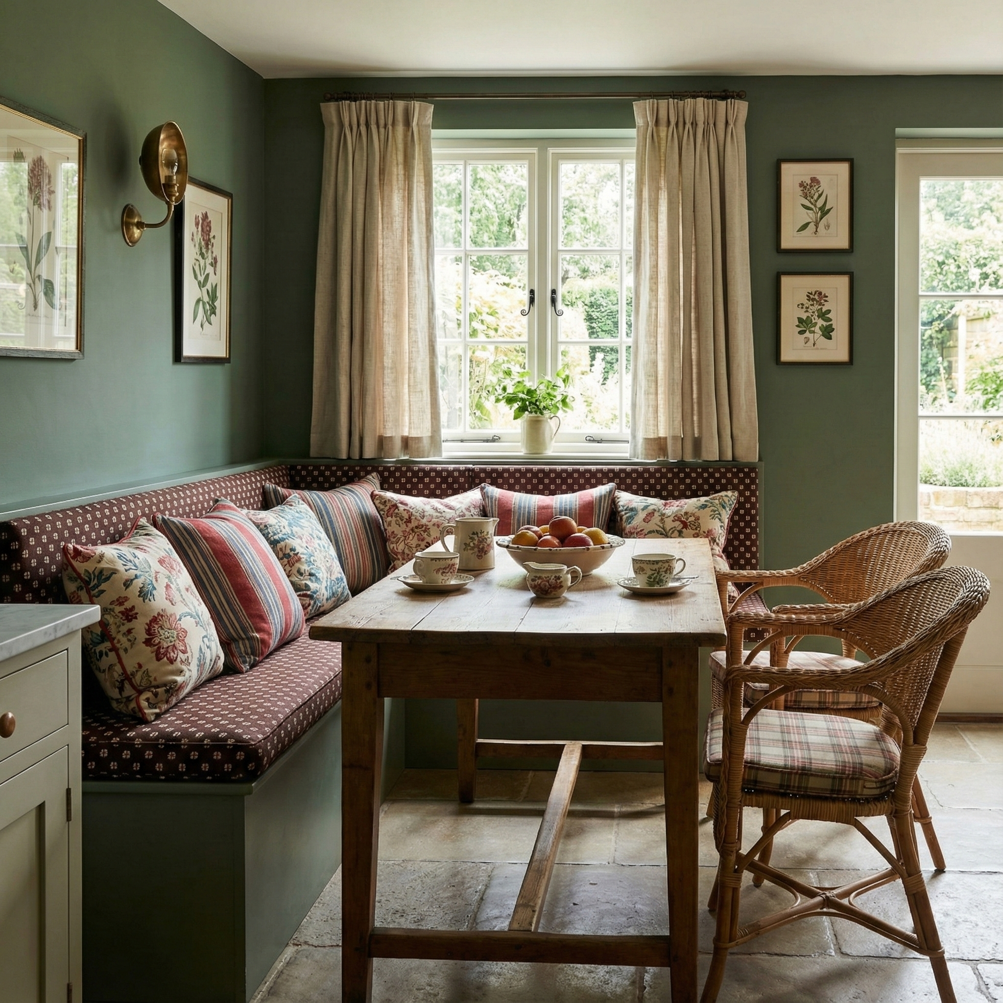 Bespoke furniture upholstered in Scarab Loam linen fabric; a small-scale archival geometric print that creates a personal and "collected" design narrative.