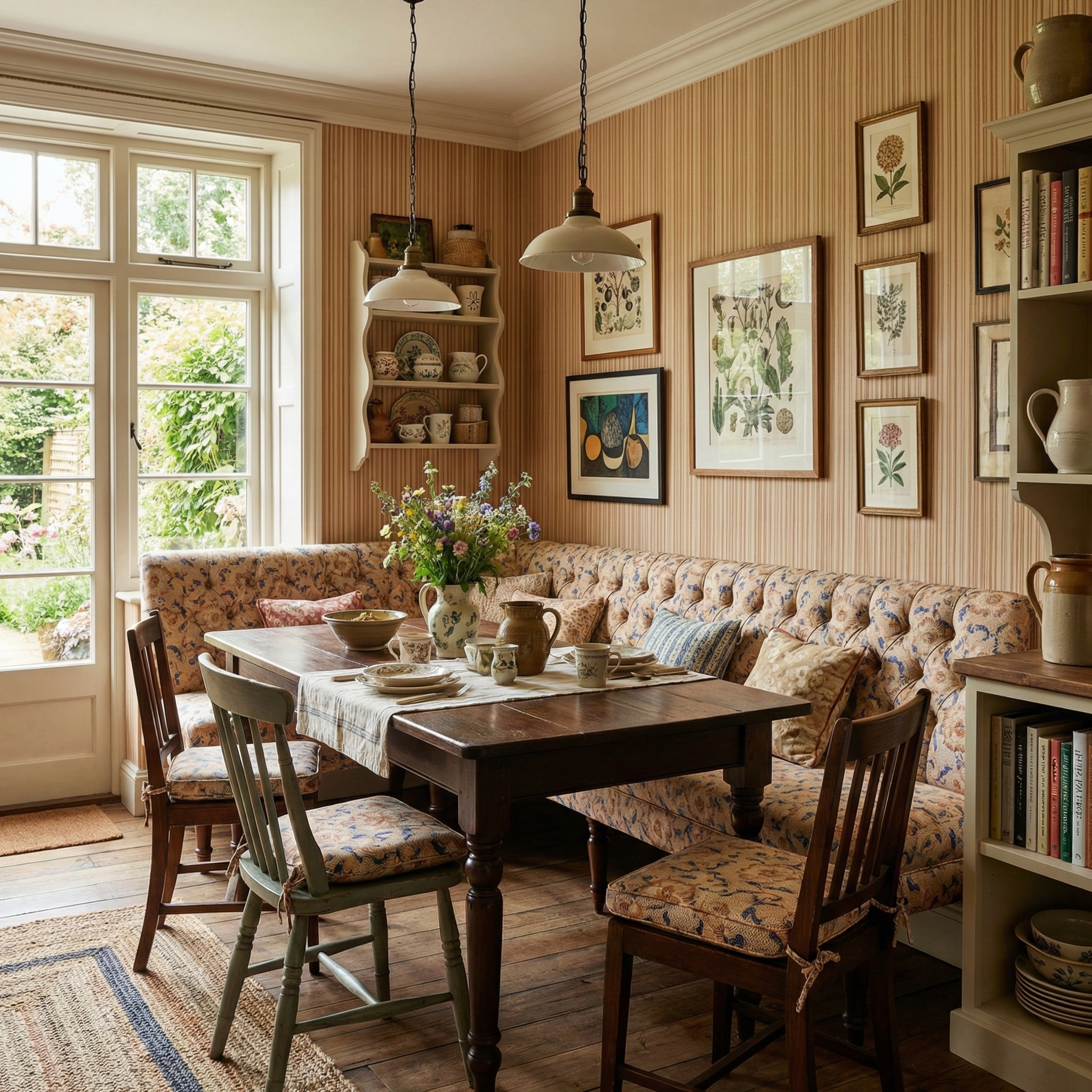 High-end banquette upholstery in Catti Litke Sakai Chintz Ochre floral linen fabric in a New York home.