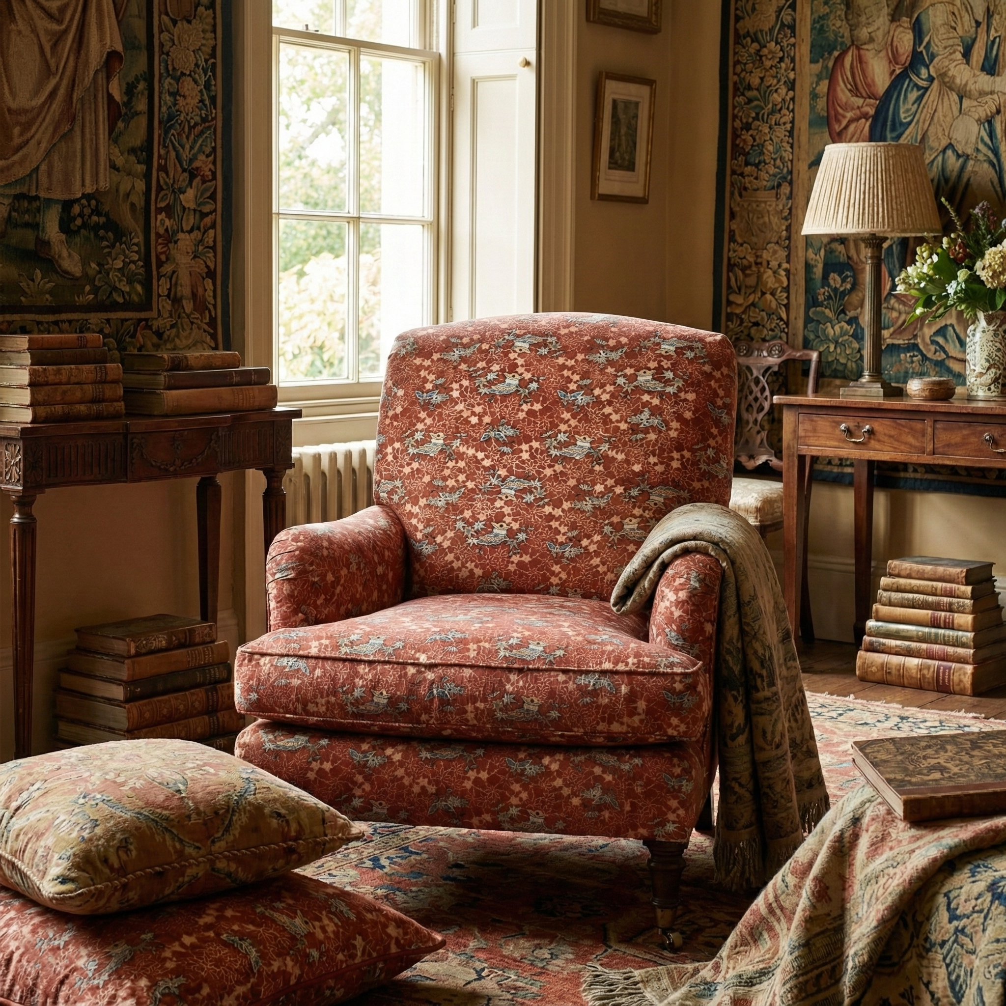 Sophisticated living room interior featuring Catti Litke Akasarasa Rust historical print fabric for custom furnishings and upholstery.