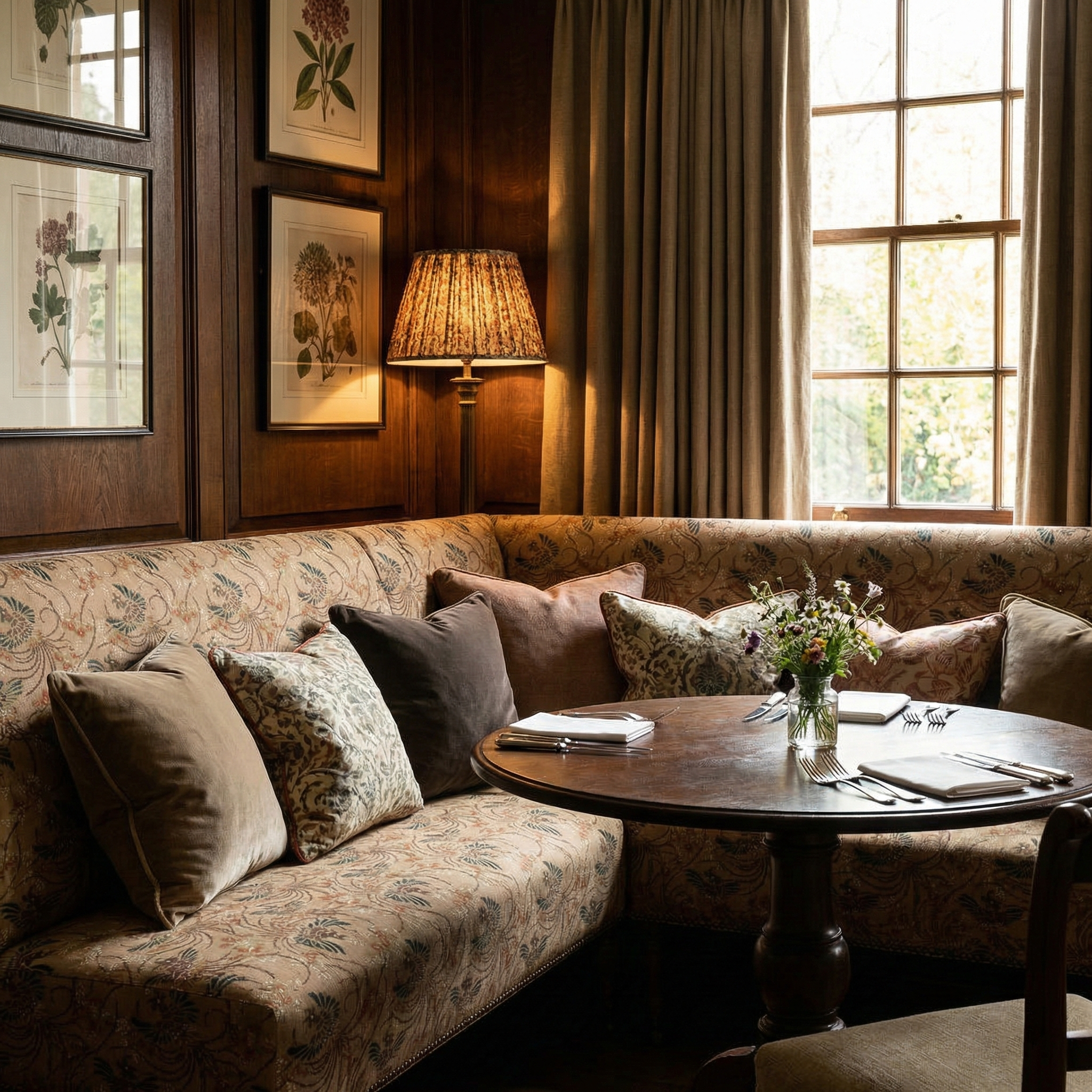 Bespoke upholstery featuring Catti Litke Katazome Flax neutral Japanese stencil pattern in a luxury hotel interior for professional decorators.