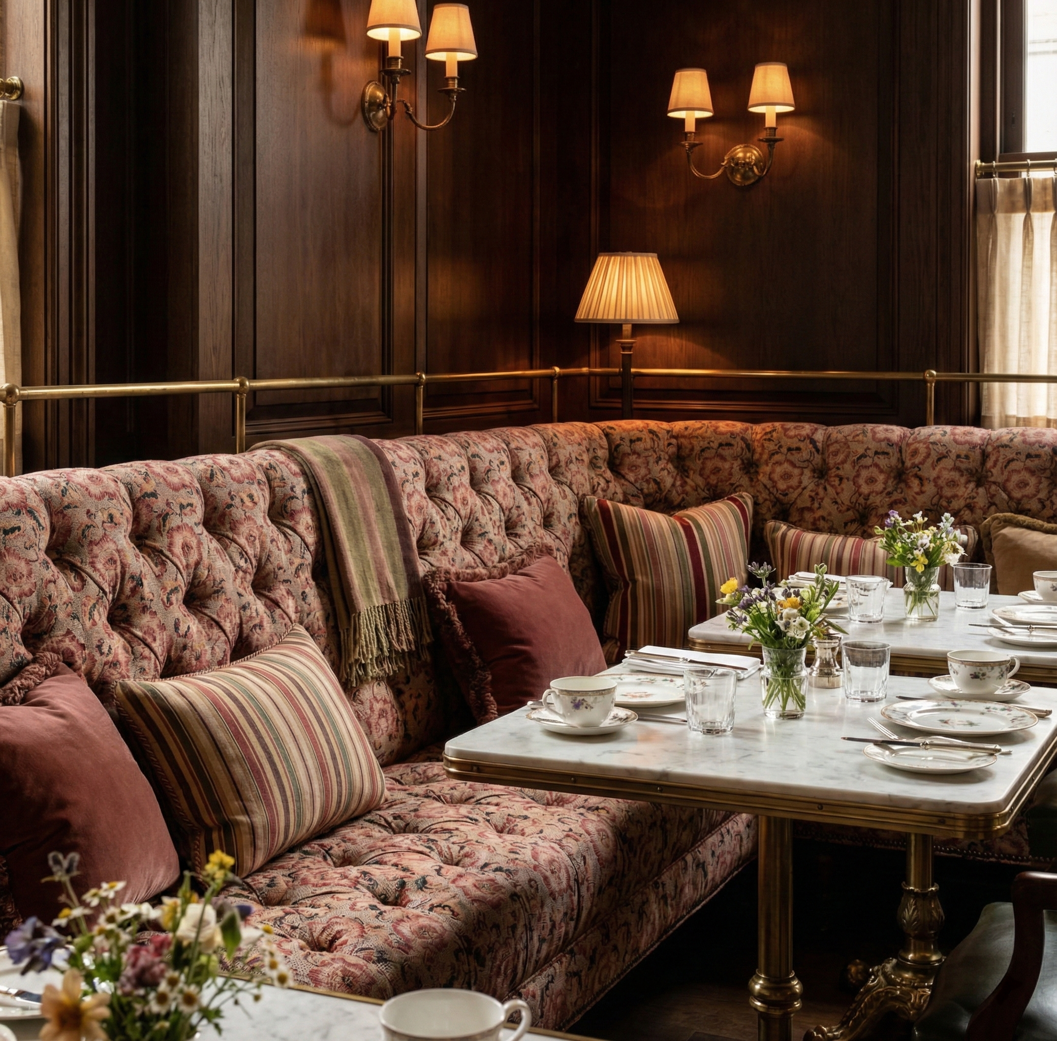 High-end furniture upholstery with Catti Litke Sakai Chintz Ume floral linen fabric in a luxury hotel interior design project..