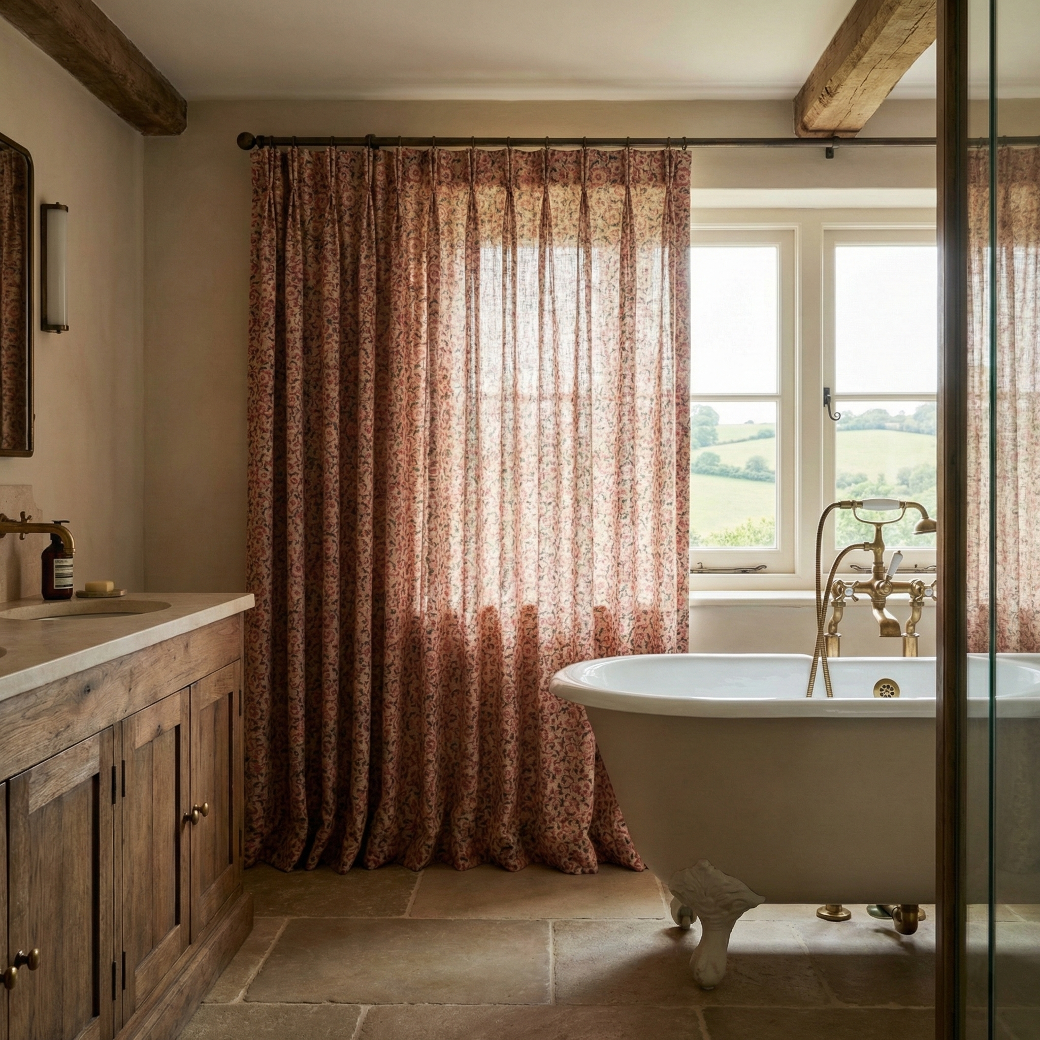 Custom drapery featuring Sakai Chintz Ume historical floral pattern in a high-end interior design project.