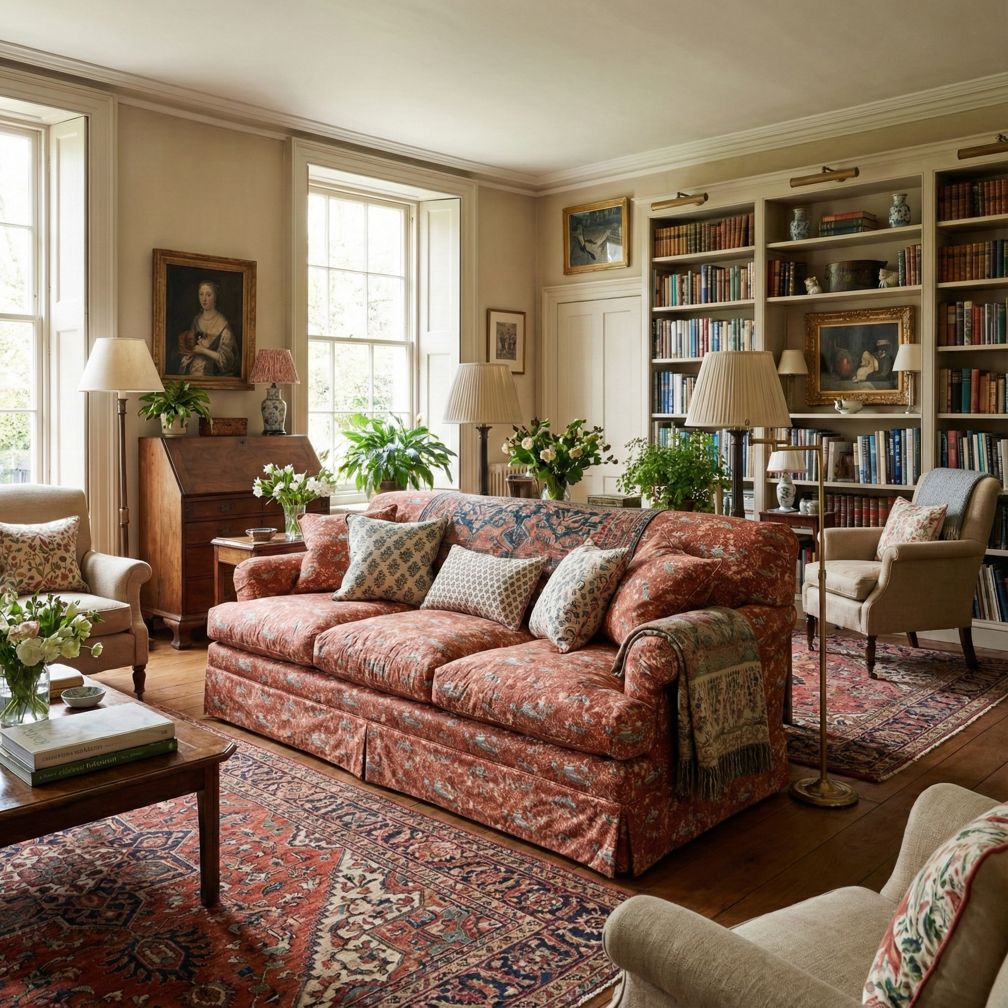 Bespoke upholstery in Catti Litke Akasarasa Rust bird print linen on a designer sofa.