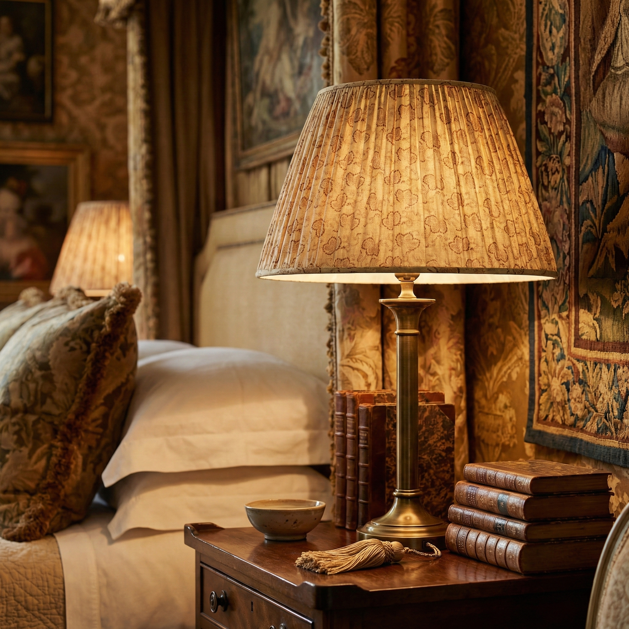 Close-up of the Kiri Hay hand-printed linen lampshade, showing the artisanal texture and handcrafted detail of the paulownia leaf pattern for trade specification.