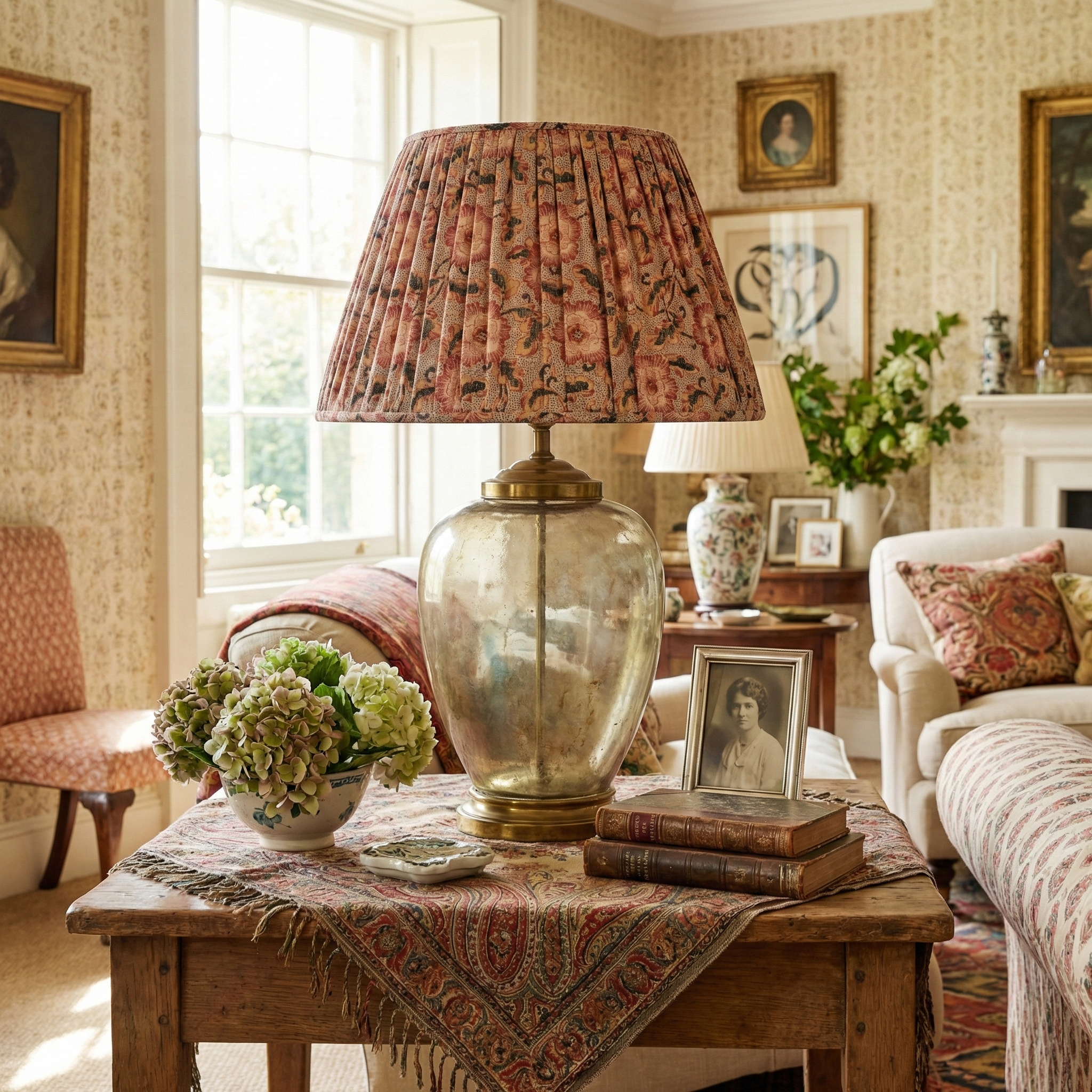 Custom Sakai Chintz Ume fabric lampshade styled on an antique base in a layered residential interior, highlighting the reimagined historical plum blossom motifs.