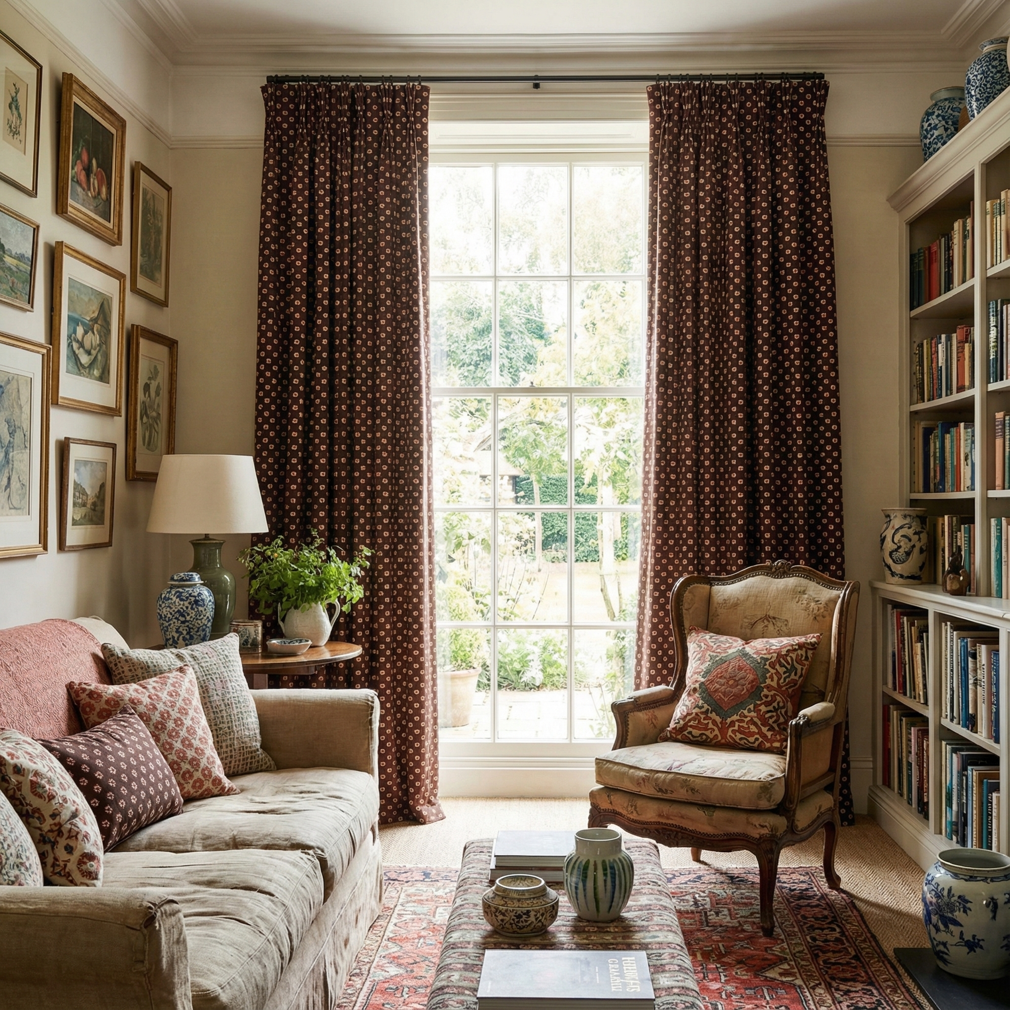 High-end living room setting with bespoke drapery in Scarab Loam; a "hero fabric" inspired by historical quilt fragments, hand-printed in CT for the interior design trade.