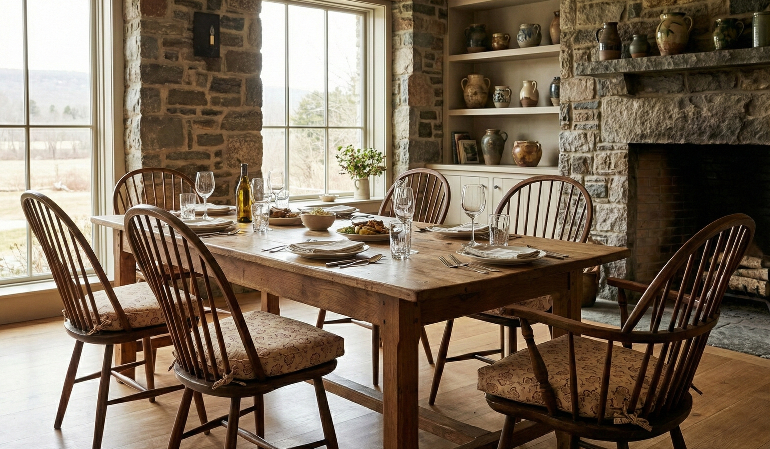 Luxury interior featuring Kiri Hay archival arabesque fabric for custom drapery, adding a "fresh traditional" layer to a curated kitche.