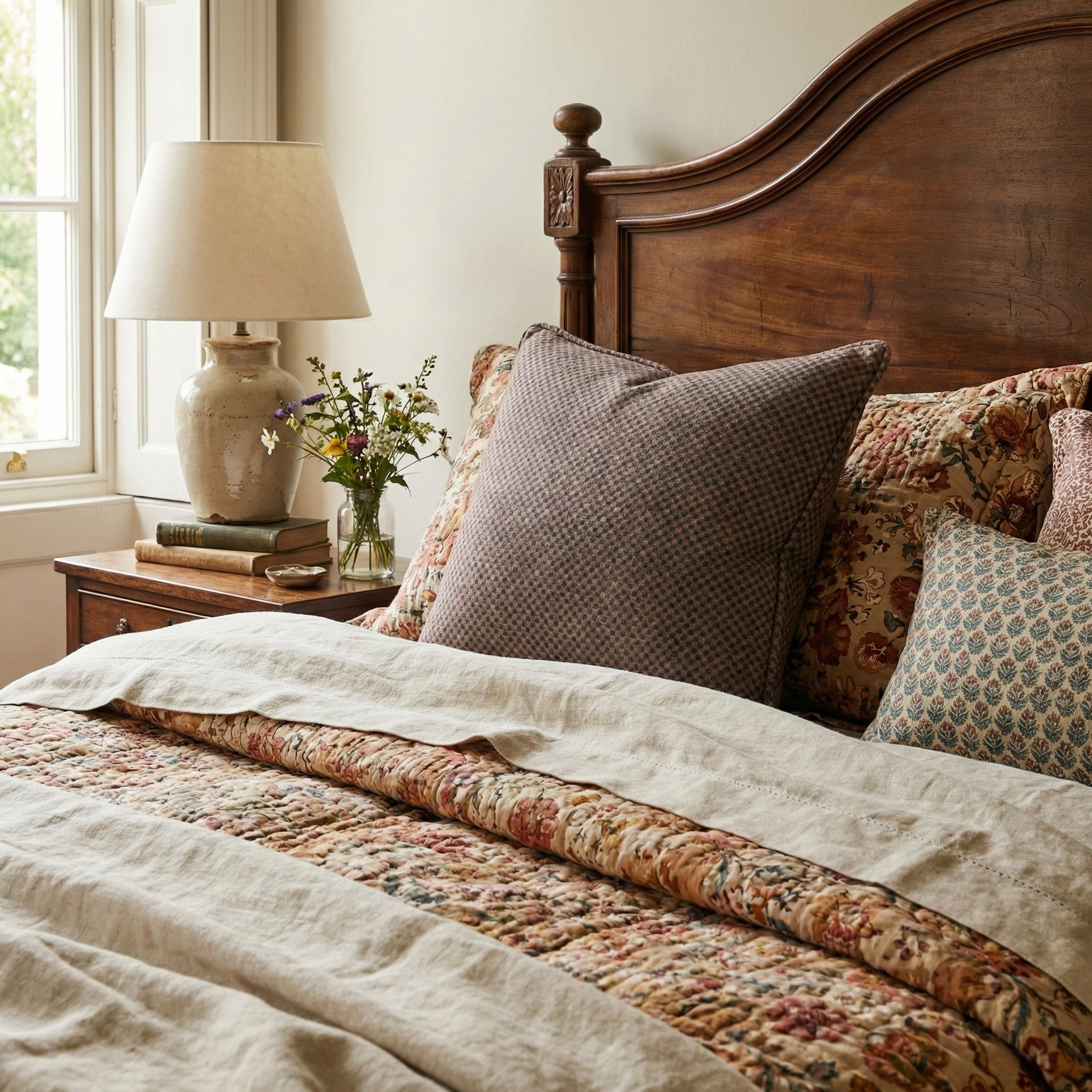 Custom bed cushion in Catti Litke Mizu Reef archival print fabric; a "hero fabric" that adds a sense of history and quiet charm to high-end interiors.