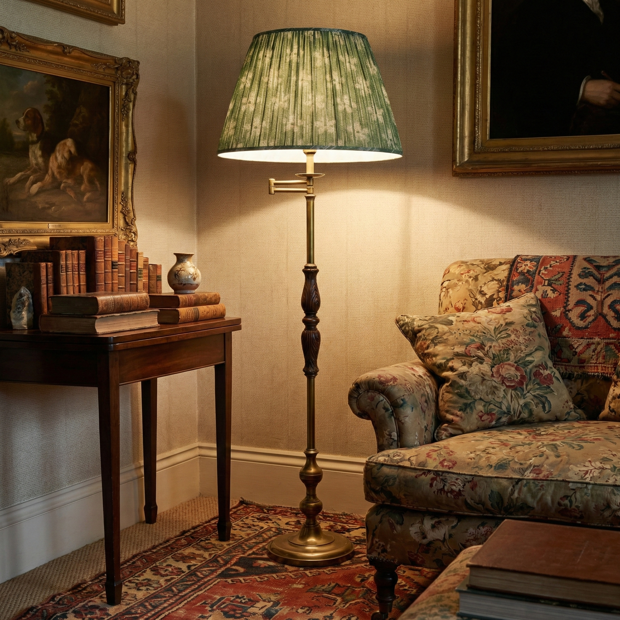 Cora Dillweed hand-printed linen lampshade on an antique floor lamp, highlighting the artisanal texture and archival American folk motifs for professional trade specification.