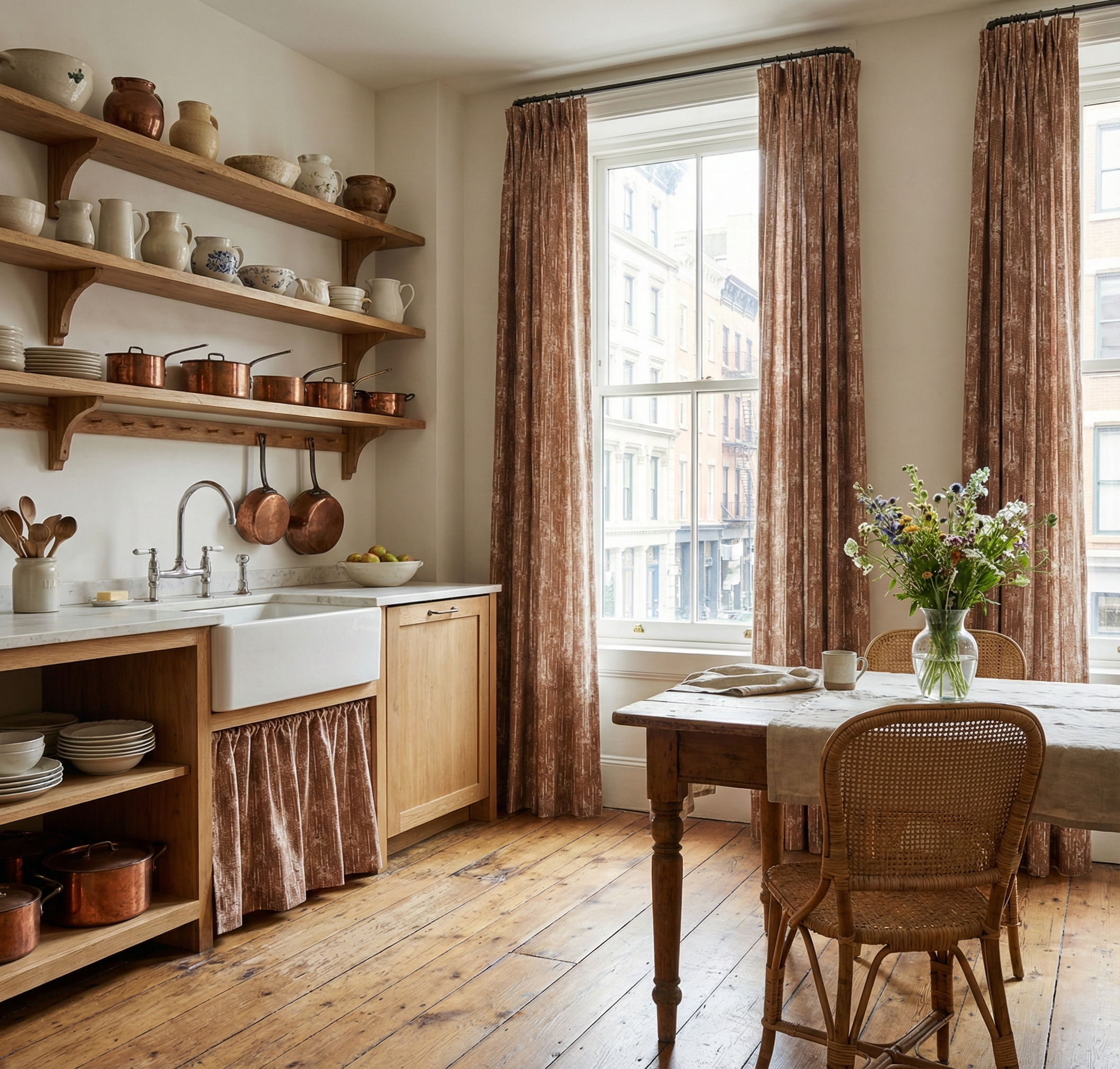 Romantic modern kitchen interior featuring Catti Litke Cora Marmelo linen drapery, highlighting the artisanal depth and texture for high-end projects.