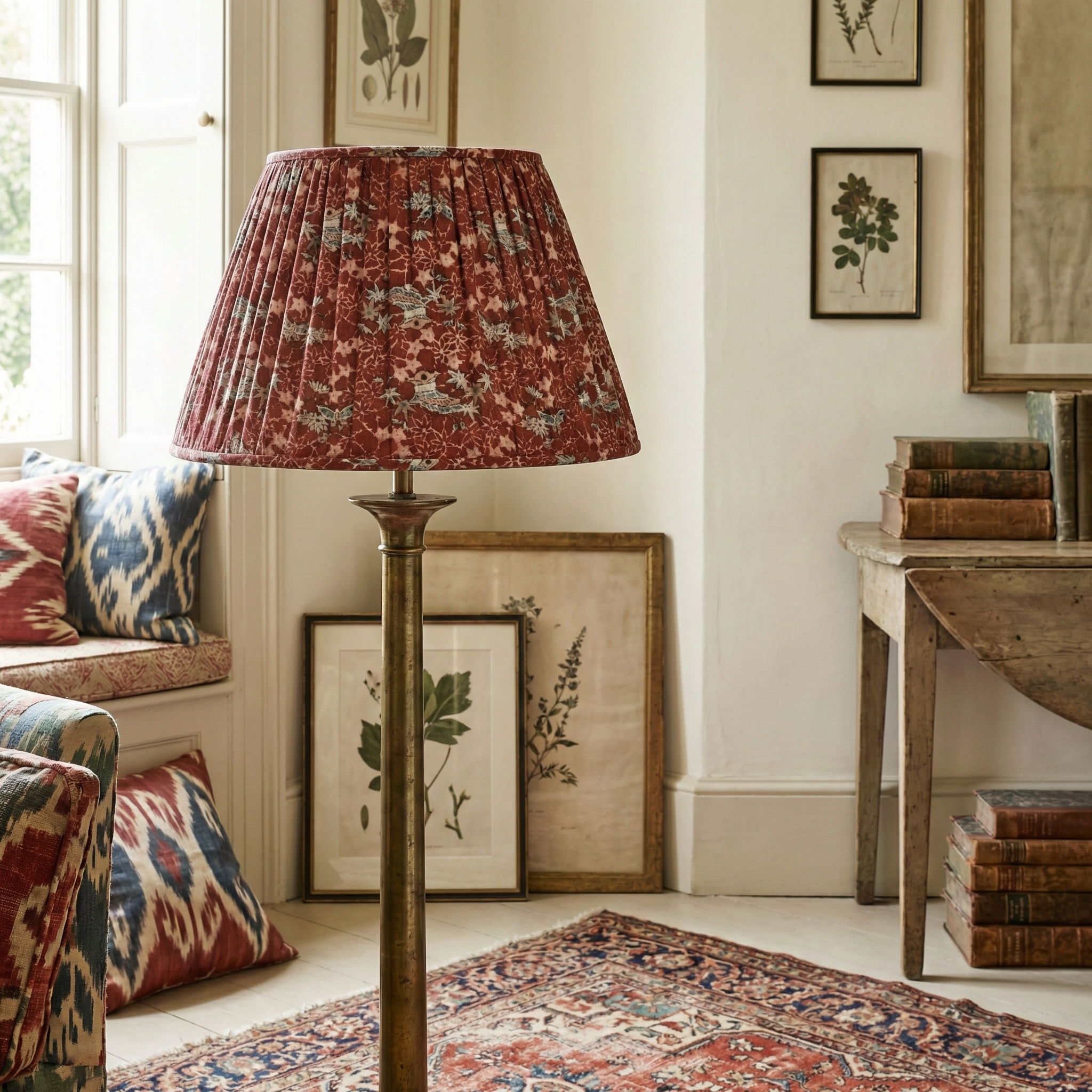 Akasarasa Ume archival print lampshade styled in a New York design studio, showcasing local artisanal production and historical textile adaptation.