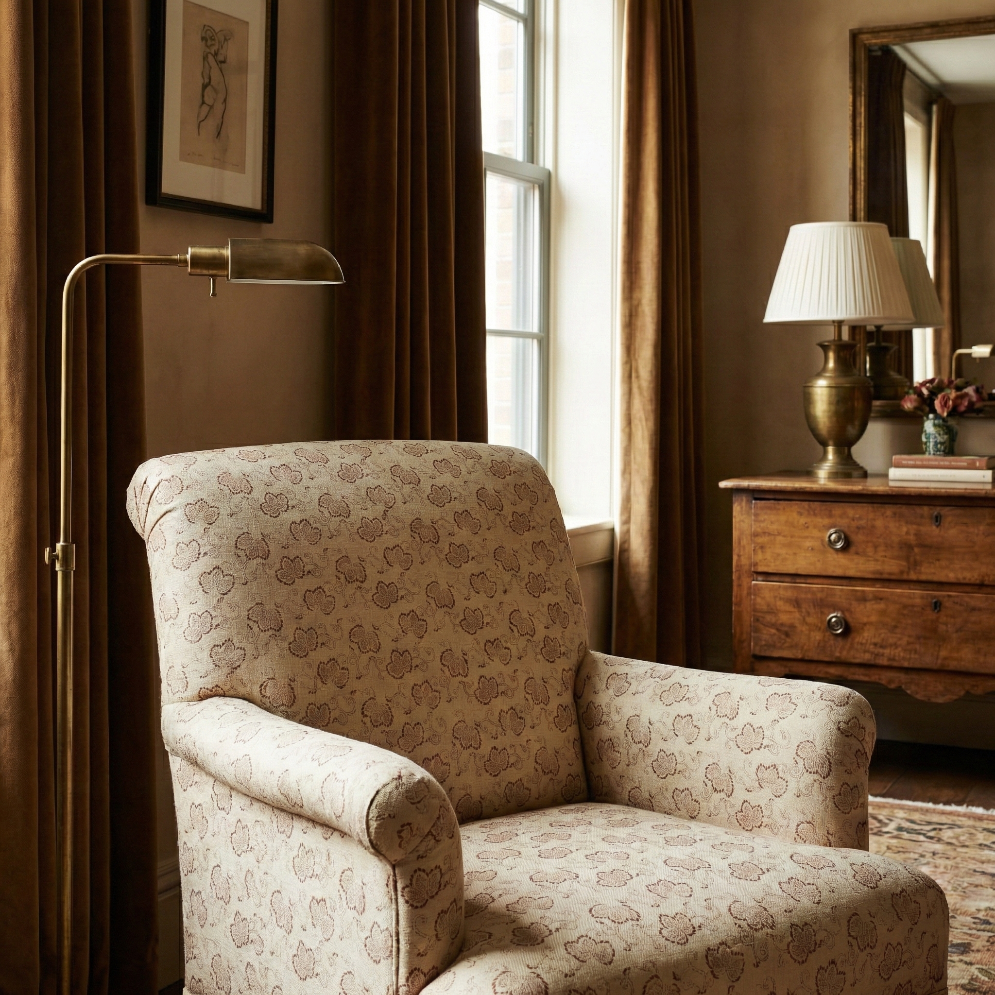 Bespoke chair upholstered in Kiri Hay small-scale leaf print; a "hero fabric" that anchors layered, collected rooms by high-end interior designers.