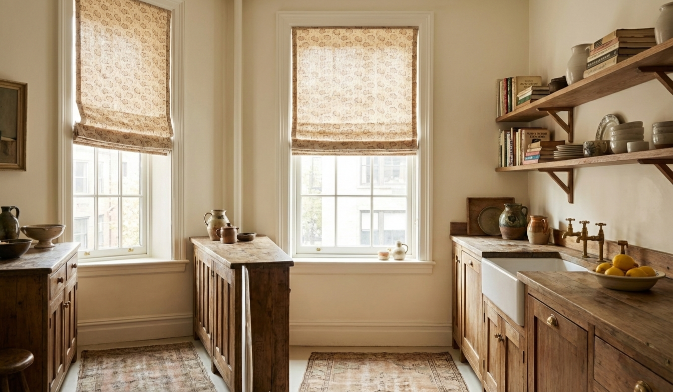Luxury kitchen featuring Kiri Hay archival arabesque fabric for custom roman blinds, adding a "fresh traditional" layer to a curated interior design project.