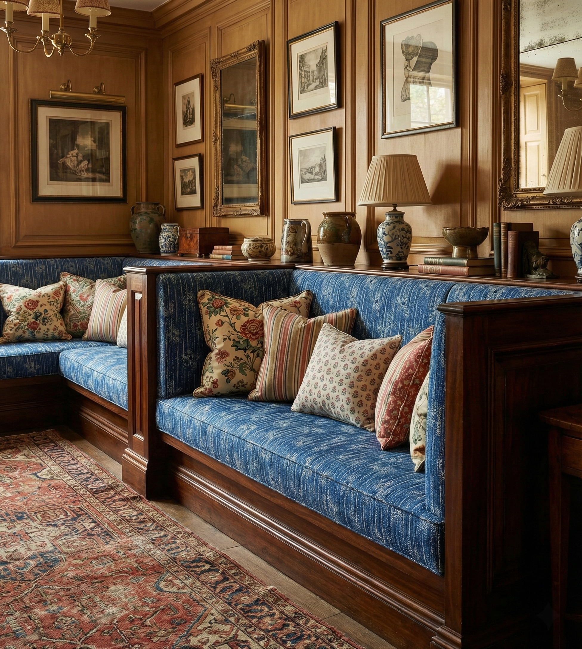 Bespoke bench upholstered in Catti Litke Cora Dusk modernist folk fabric within a luxury hotel lobby project..