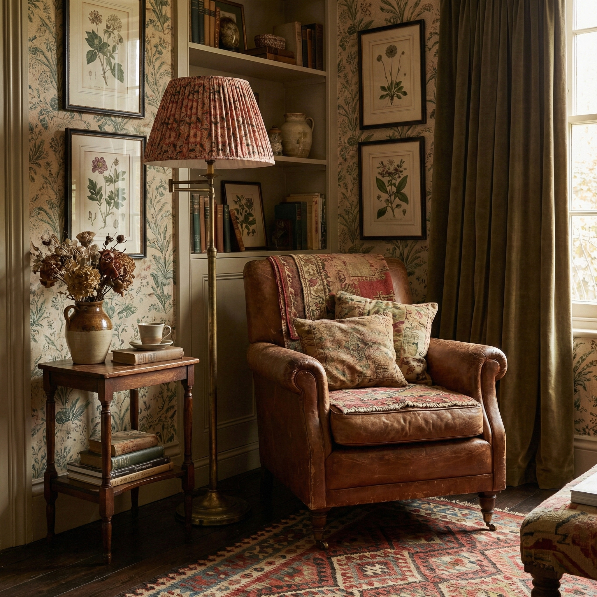 "Fresh traditional" living room interior featuring a Catti Litke Sakai Chintz Ume lampshade, adding a poetic historical layer and quiet charm to a bespoke room.