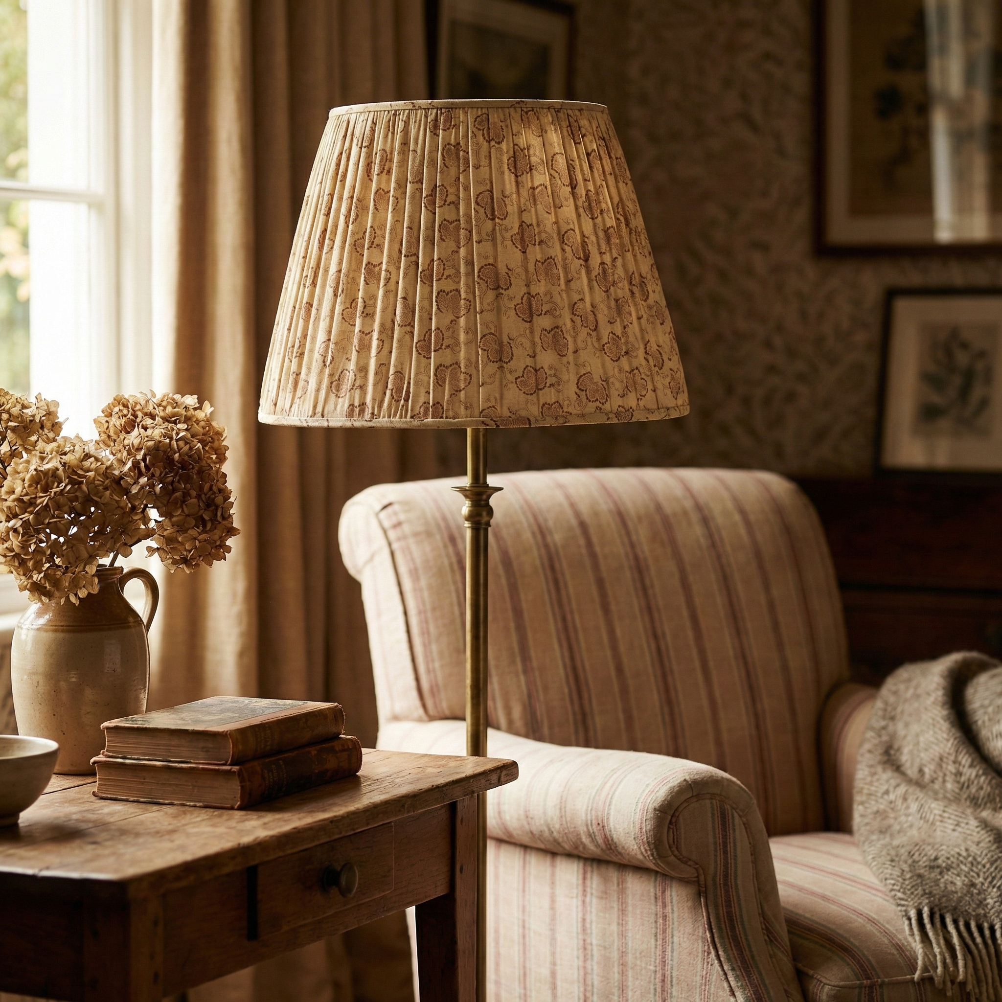 Custom Kiri Hay fabric lampshade styled on an antique lamp base in a layered residential interior, highlighting the Japanese Boro-inspired leaf motif.