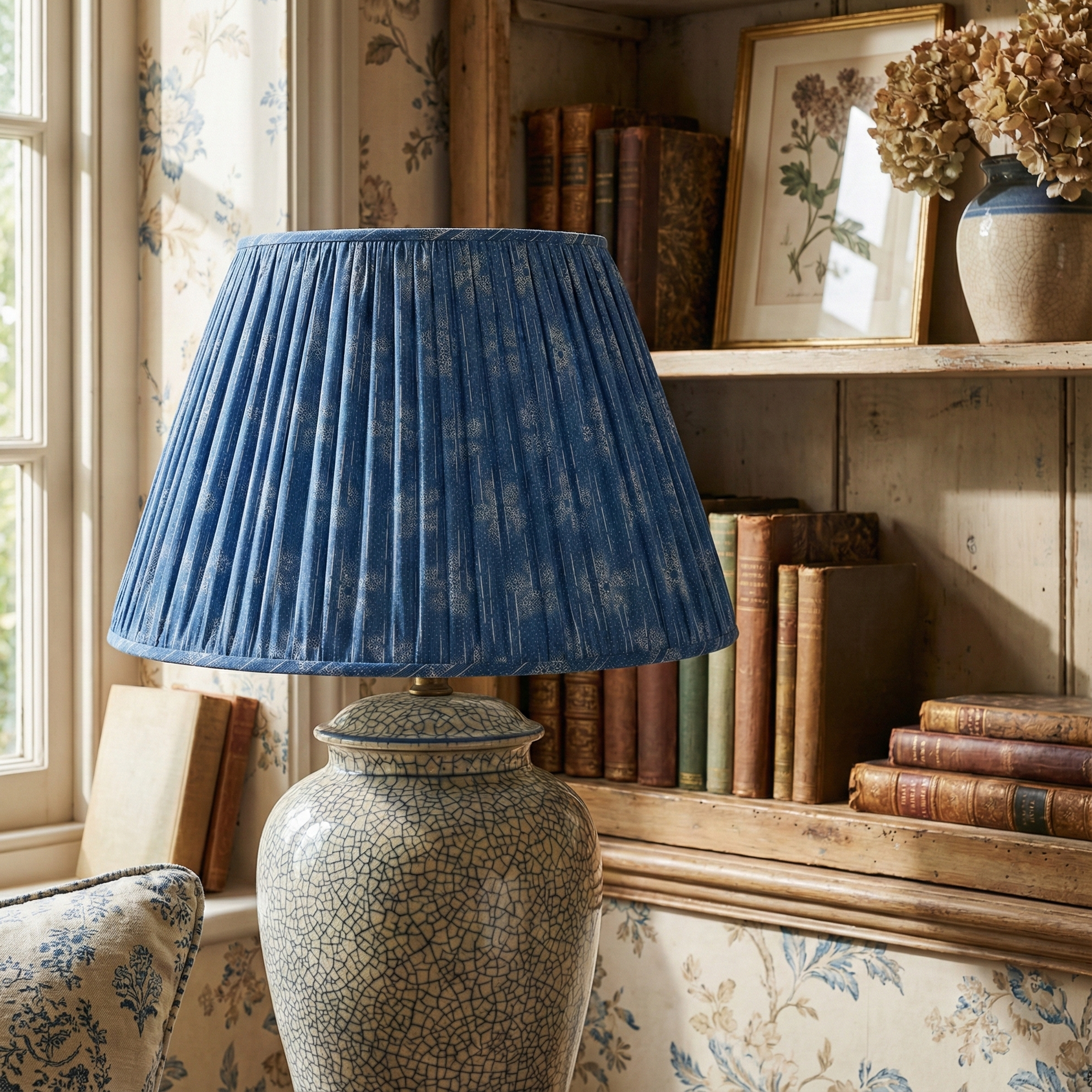 Romantic residential interior featuring a Cora Dusk fabric lampshade, adding a poetic historical layer and quiet charm to a bespoke bedroom project.