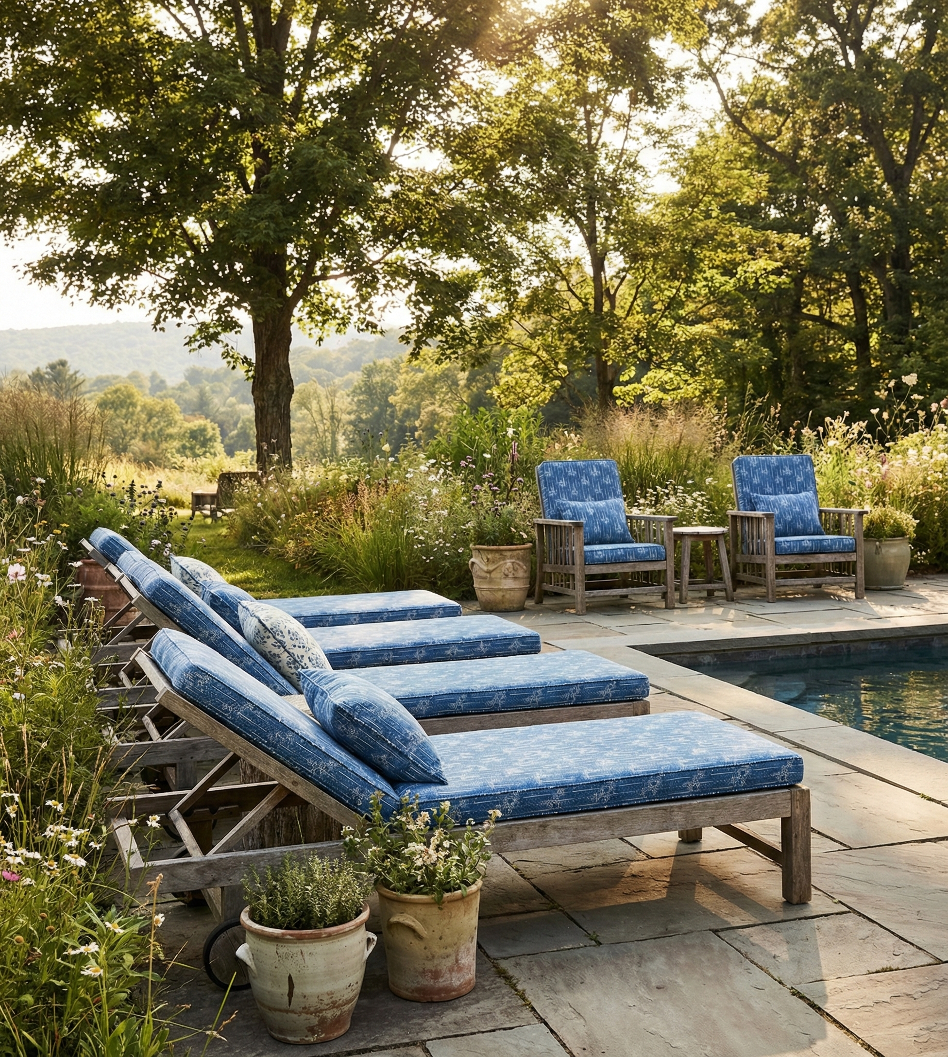 Bespoke upholstered outdoor furniture in Catti Litke Cora Dusk archival print fabric, printed in the USA for professional trade projects