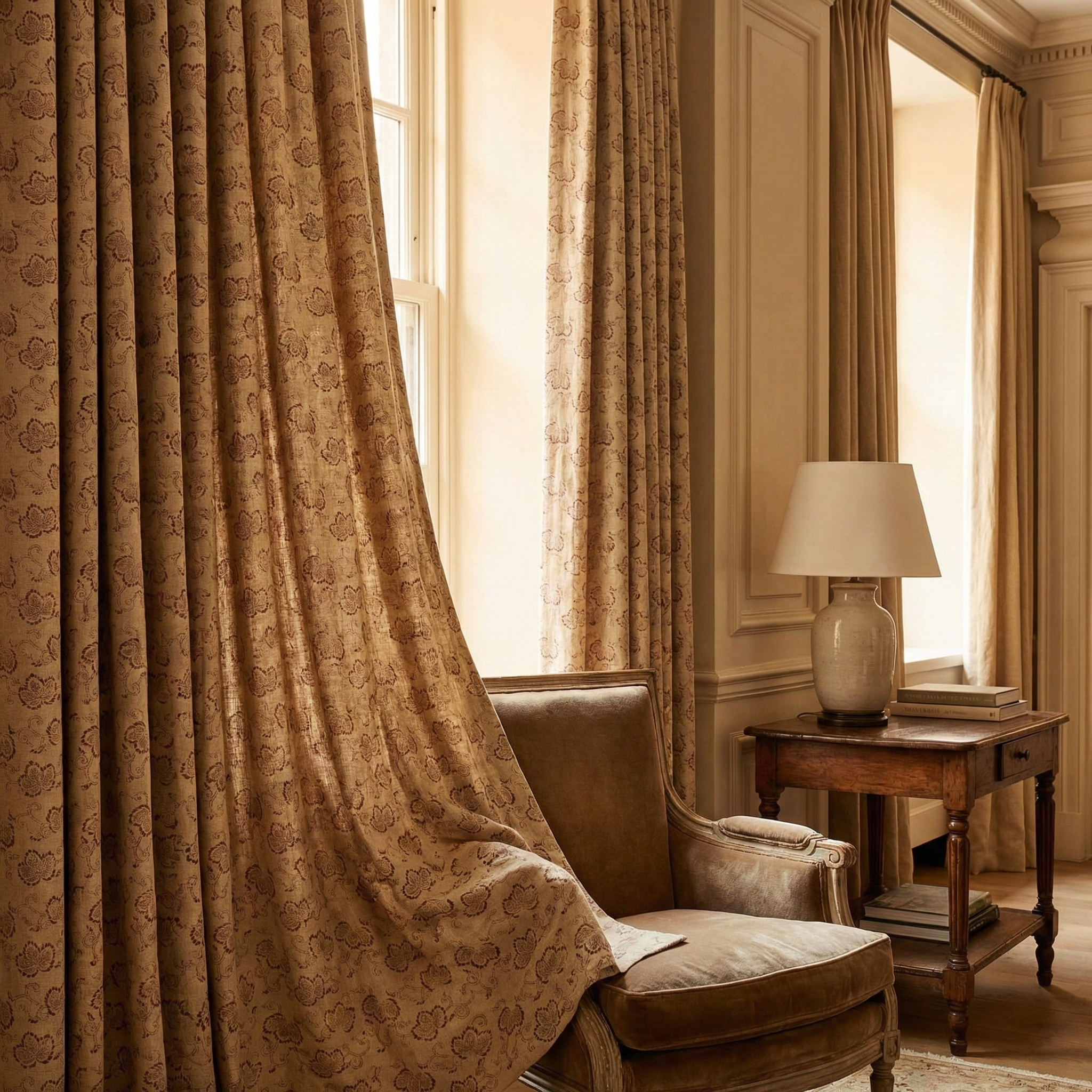 Luxury interior featuring Kiri Hay archival arabesque fabric for custom drapery, adding a "fresh traditional" layer to a curated living room.