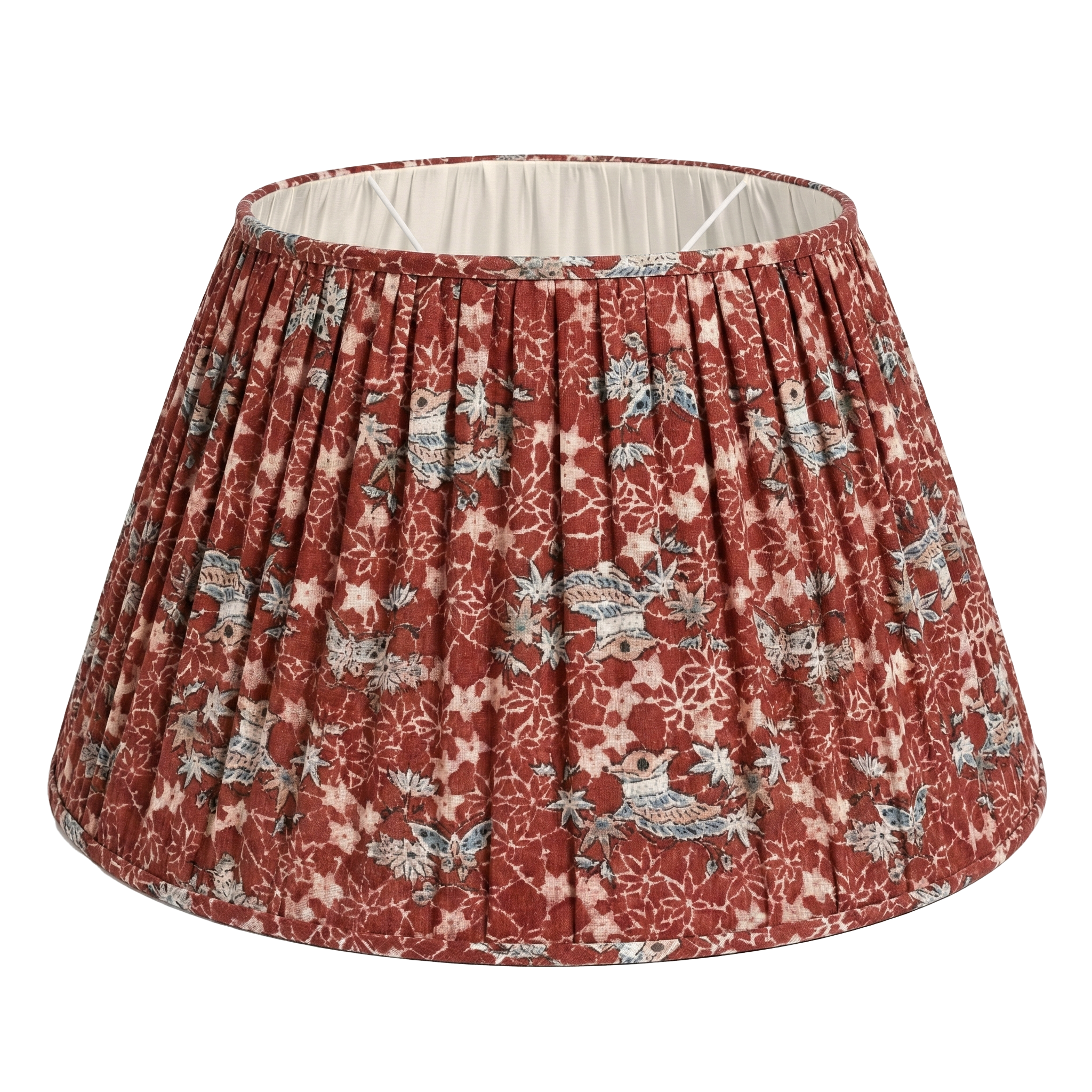 Catti Litke custom fabric lampshade in Akasarasa Ume archival bird print; a soft back natural linen shade for high-end interior design projects.