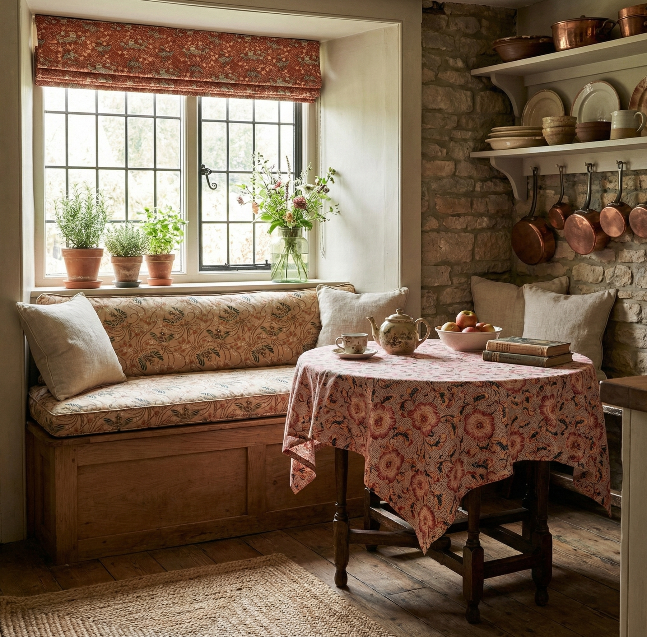 Catti Litke Akasarasa Rust bird print linen fabric used for custom roman shades in a luxury residential kitchen.